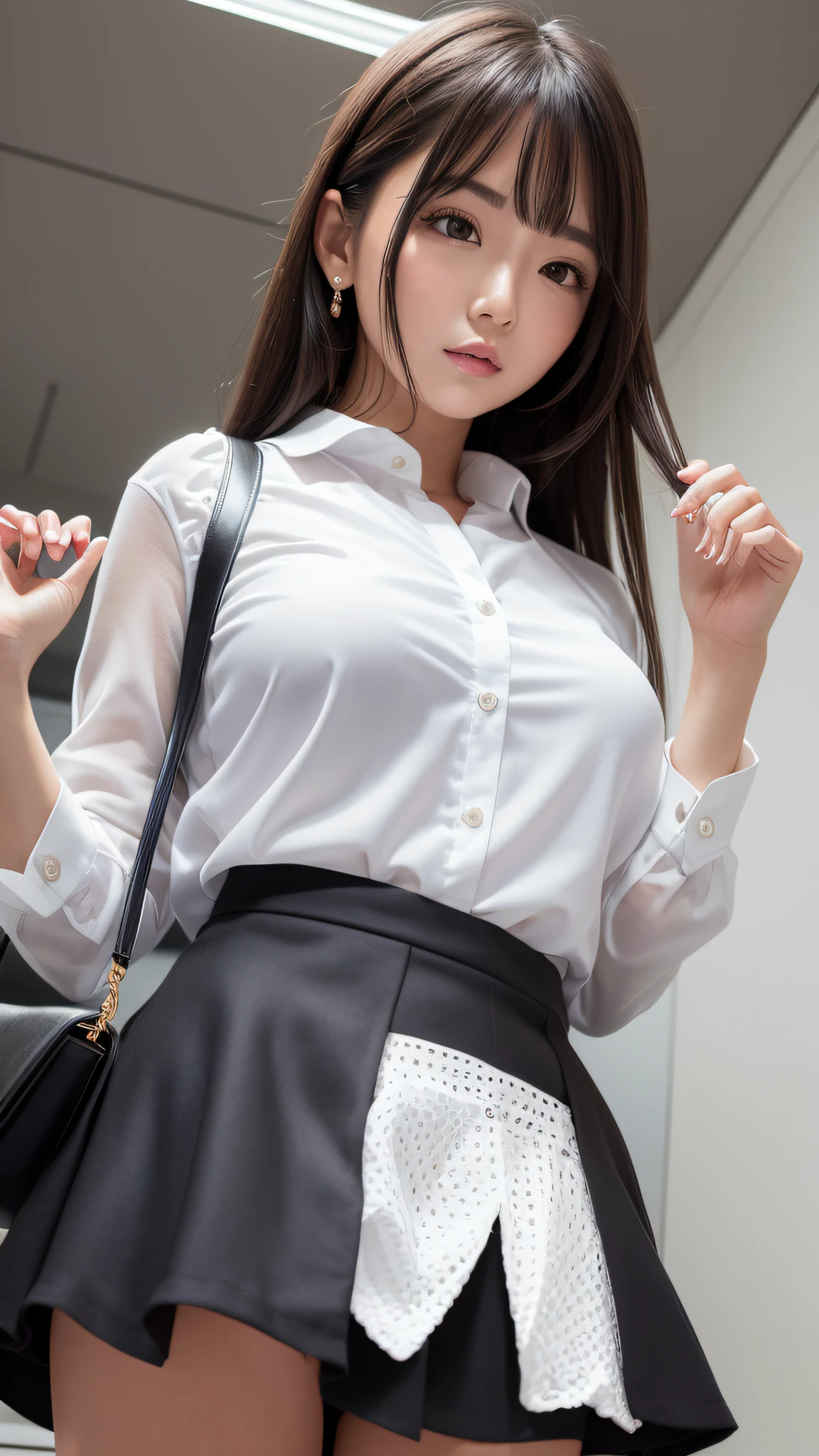 Pretty girl, beautiful girl, white blouse, black mini skirt, from below