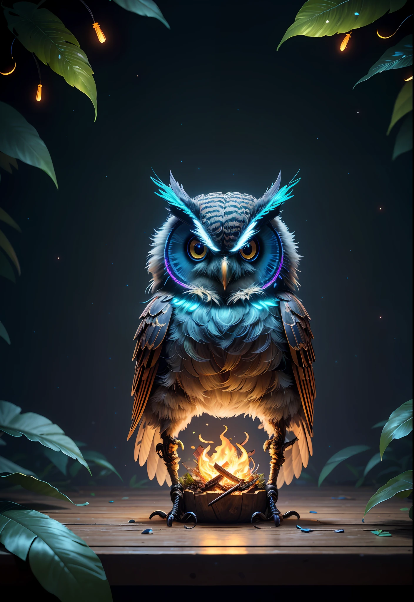 Masterpiece, best quality, extremely beautiful reflection, best reflection. (Very detailed CG unity 8k wallpaper), (best quality), (best illustration), (best shadow), a photo of a cybernetic owl, perched on barbed wire in a dark alley. His eyes are neon blue, reflecting the lights of the surrounding city. The feathers are fragmented and iridescent, and there is a wonderful code running through them. The shots used create a deformation effect, giving the impression that an owl is observing the viewer from all angles, with a forest theme with natural elements. Tall trees, quiet stream, glowing small mushrooms surrounded by delicate leaves and branches, and fireflies and glowing particle effects, (natural elements), (jungle theme), (leaves), (branches), (fireflies), butterflies, (delicate leaves), (glow), (particle effects), isometric 3D, Octane rendering, ray tracing, super detailed