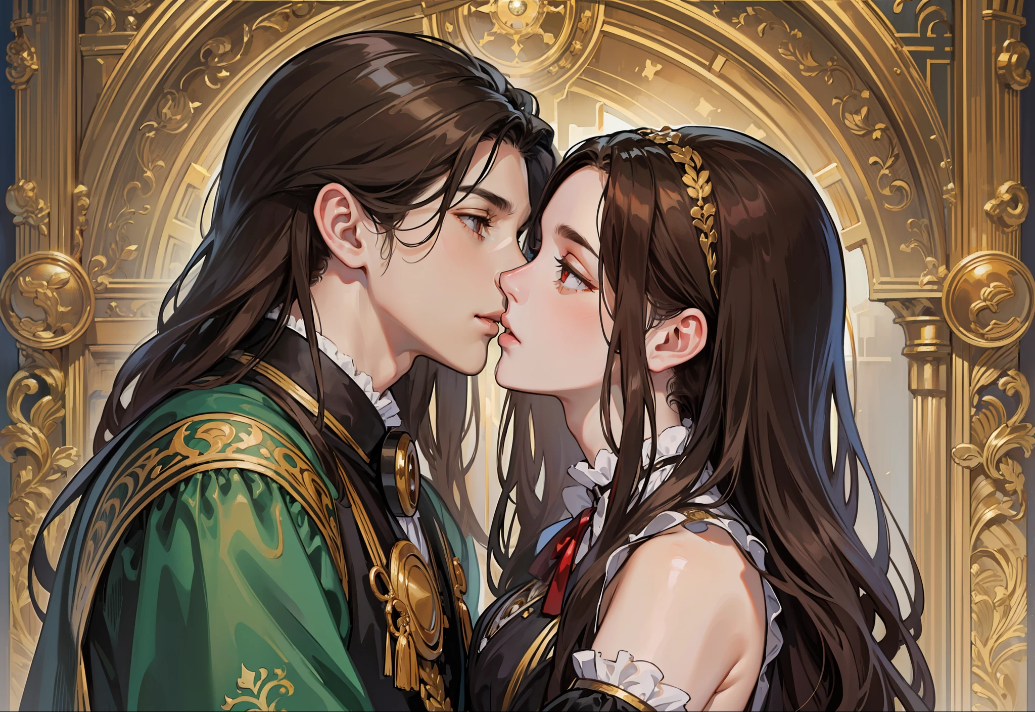 ((masterpieces)), best quality, outstanding illustration, a couple kissing, soft focus, 1 man with long black hair, RED EYES, 1 girl with long brown hair, BROWN EYES, Victorian clothes, Victorian romanticism, opulent and exquisite atmosphere, soft light and warm lighting. (((SPECIFIC CHARACTERISTICS)))