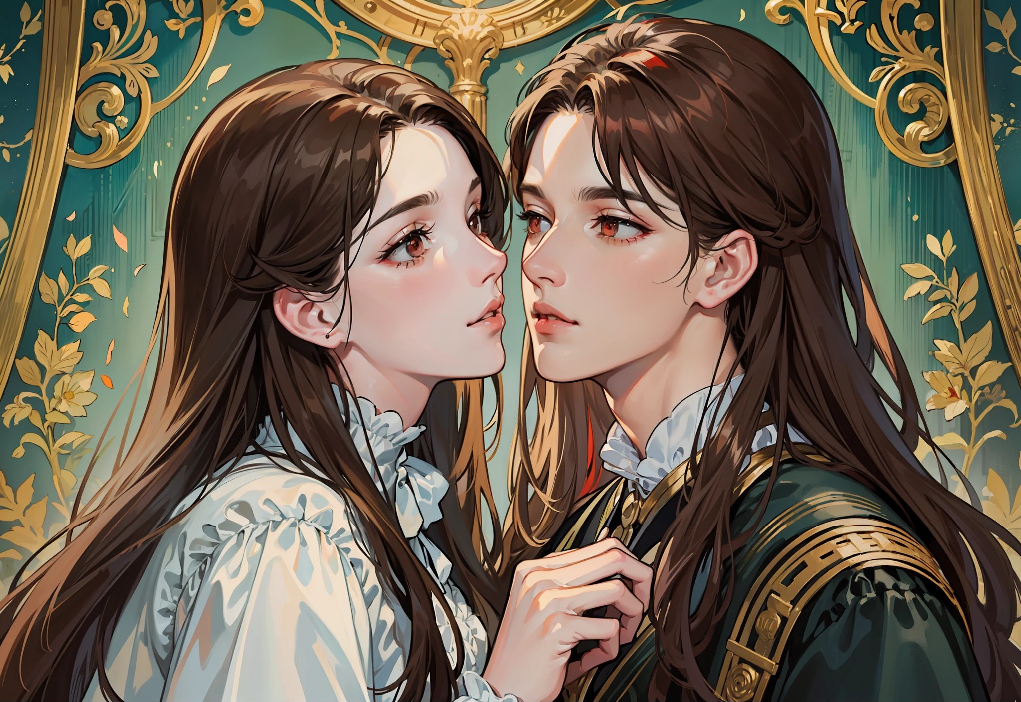 ((masterpieces)), best quality, outstanding illustration, a couple kissing, soft focus, 1 man with long black hair, RED EYES, 1 girl with long brown hair, BROWN EYES, Victorian clothes, Victorian romanticism, opulent and exquisite atmosphere, soft light and warm lighting. (((SPECIFIC CHARACTERISTICS)))