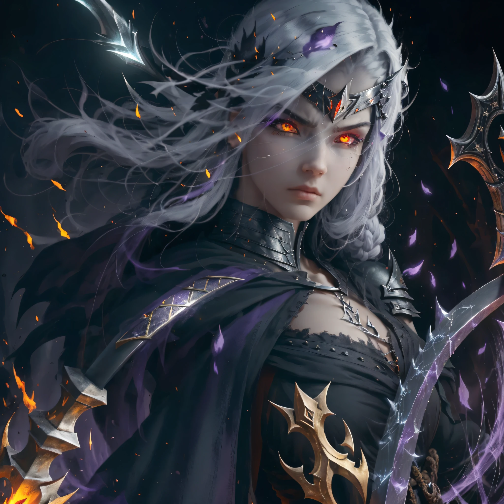 Man, face evil expression, full body, pale white skin, 1 luminous yellow left eye, normal right eyes, long hair is black, thin with torn black clothing, broken armor black color, holding a sickle with several points with medieval metal remains, every body with a purple aura is purple flames, unreal engine, anime 3D, 8K, attracted by magic,  attack position, --auto --s2