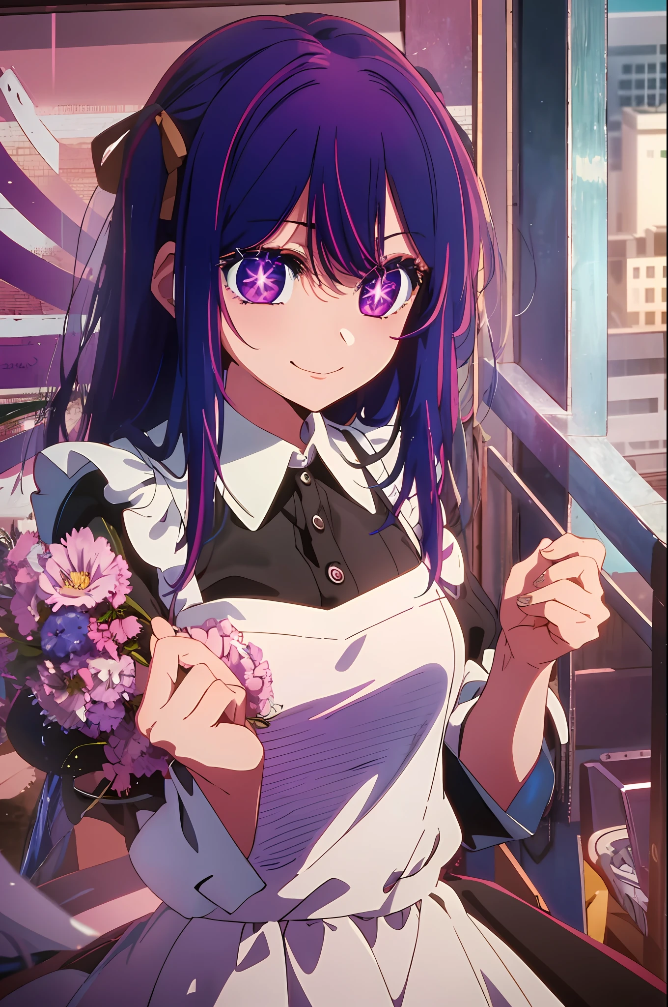 2d, masterpiece, best quality, anime, highly detailed, cowboy shot, 1girl, solo, maid dress, purple hair, purple galaxy hair, purple eyes, , looking at viewer, smile, bangs, Star symbol-shaped pupils, heart-shaped pupils,