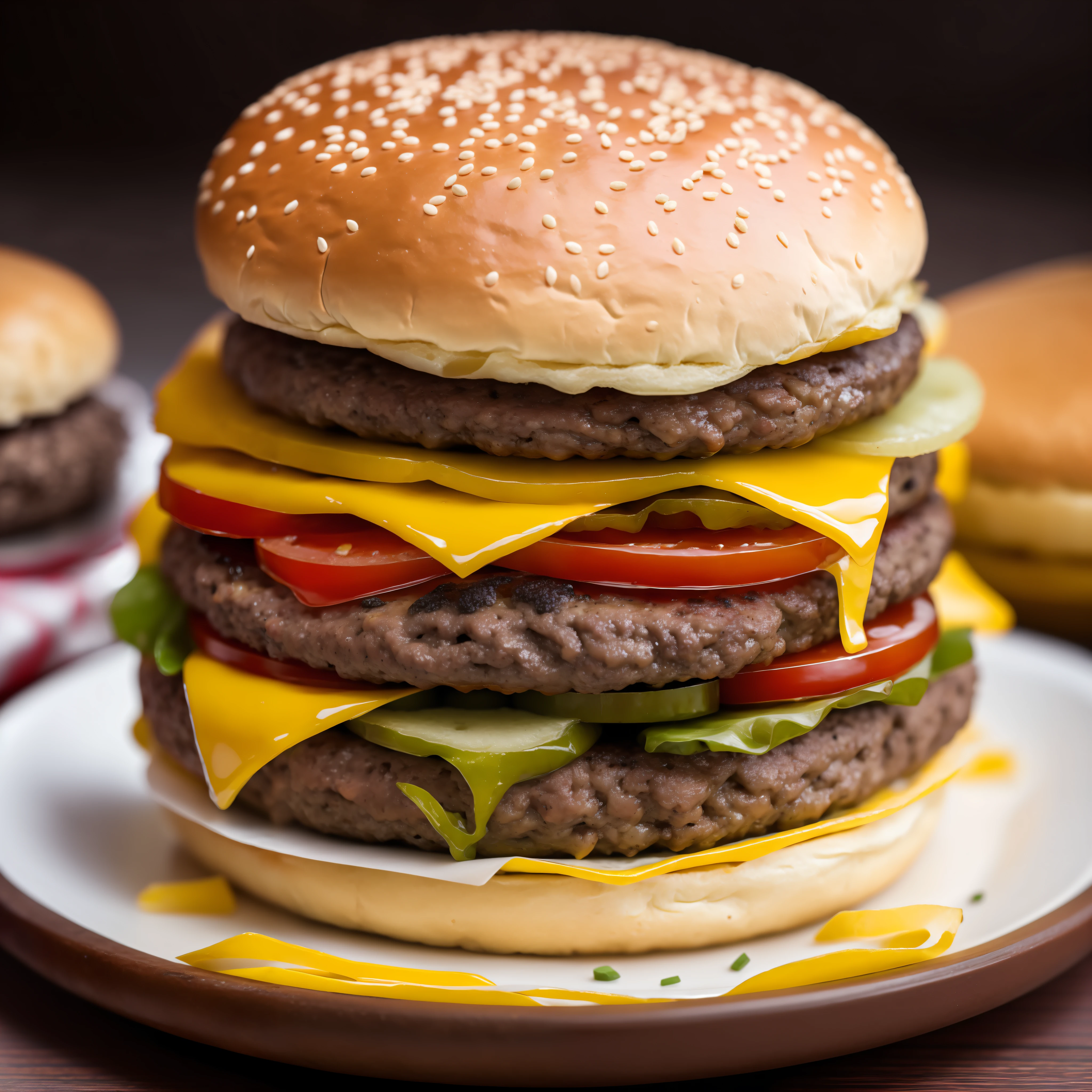 1 burger with cheese and pickles, burger on a plate, cheeseburger, hamburger, juicy burger, smoked layers, hamburger, 4K food photography, dark background, high quality food photography, professional food photography