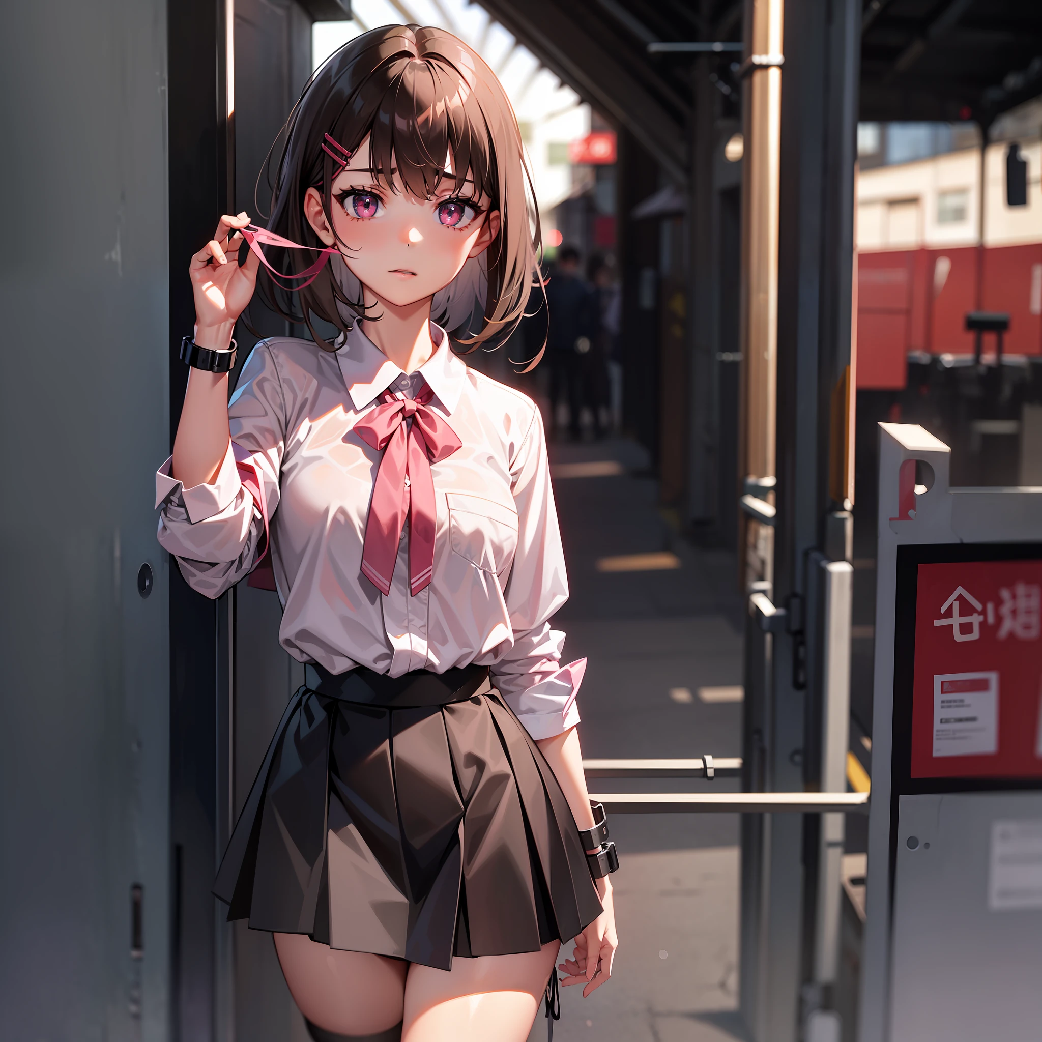 realistic, upward, sideways, school uniform, pink shirt, red ribbon, wet, skin, perfect eyes, middle chest, body line, gray high waist skirt, gray hair, urban background, mini skirt, bra, hair ornament, look up, dark brown hair, restraint, handcuffs, tying up