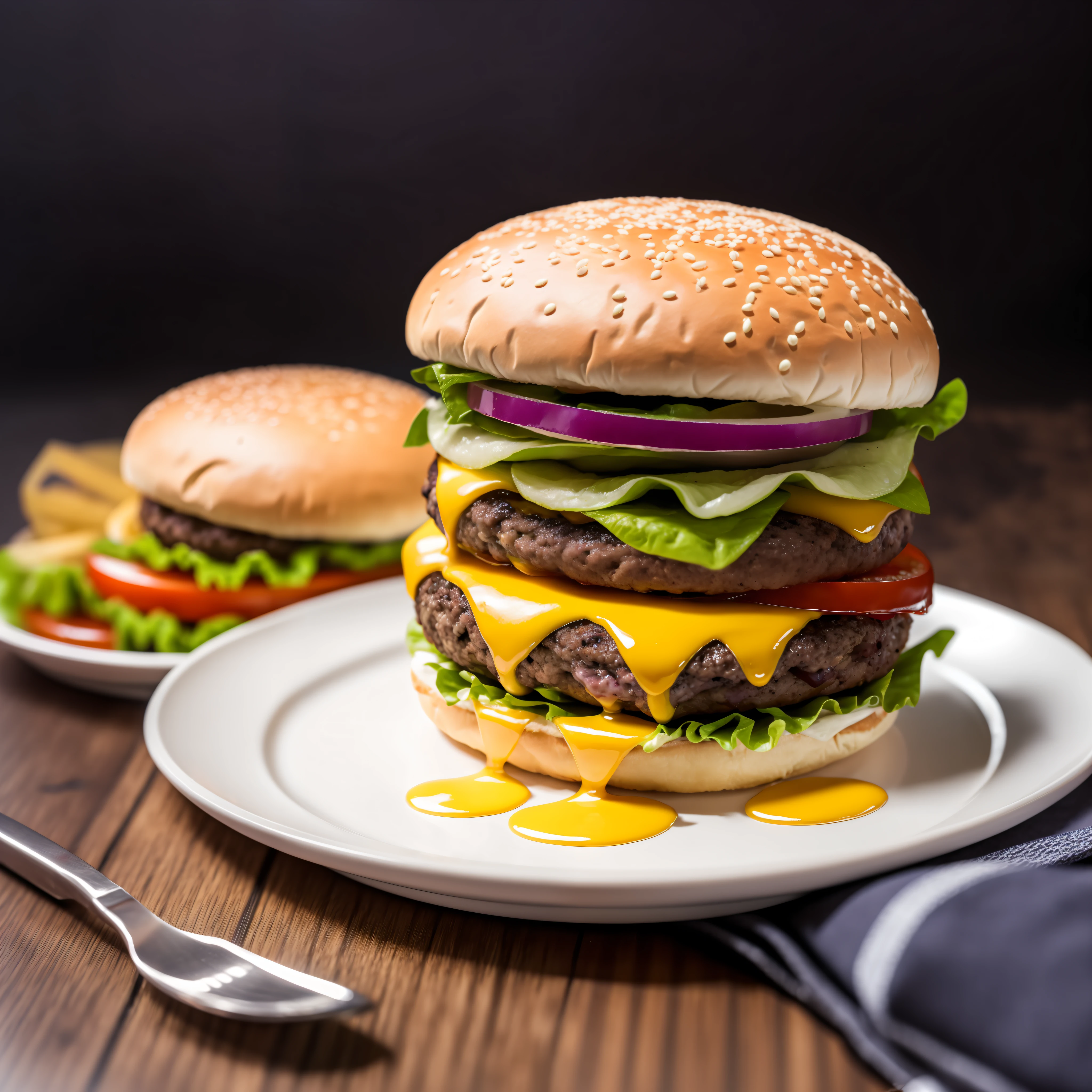 1 burger with cheese and pickles, burger on a plate, cheeseburger, hamburger, juicy burger, smoked layers, hamburger, 4K food photography, dark background, high quality food photography, professional food photography
