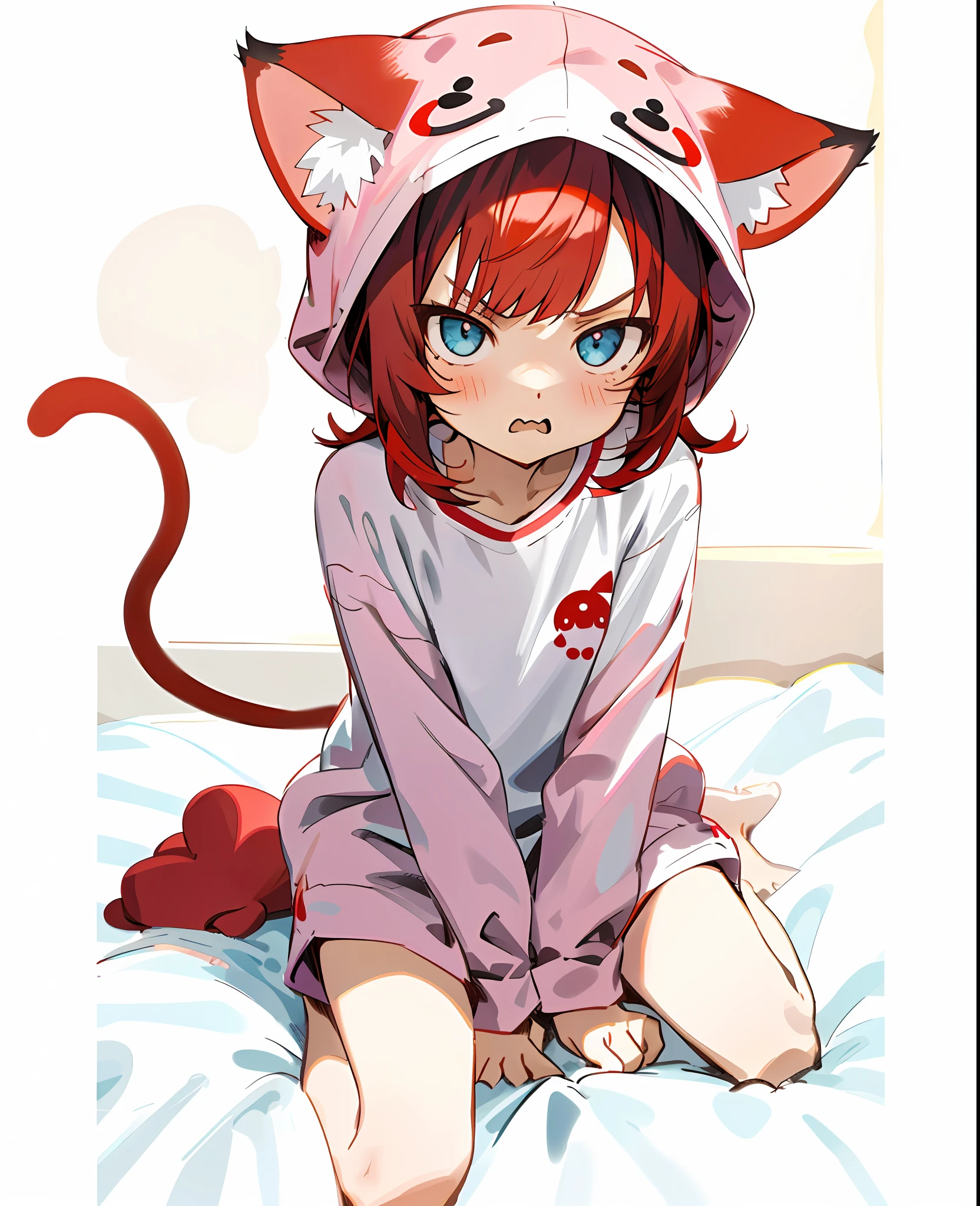 loli catgirl, bedroom, sitting, cozy, funny, pijama, no pants, black and white clothes, red hair, expressive eyes, cute angry, masterpiece