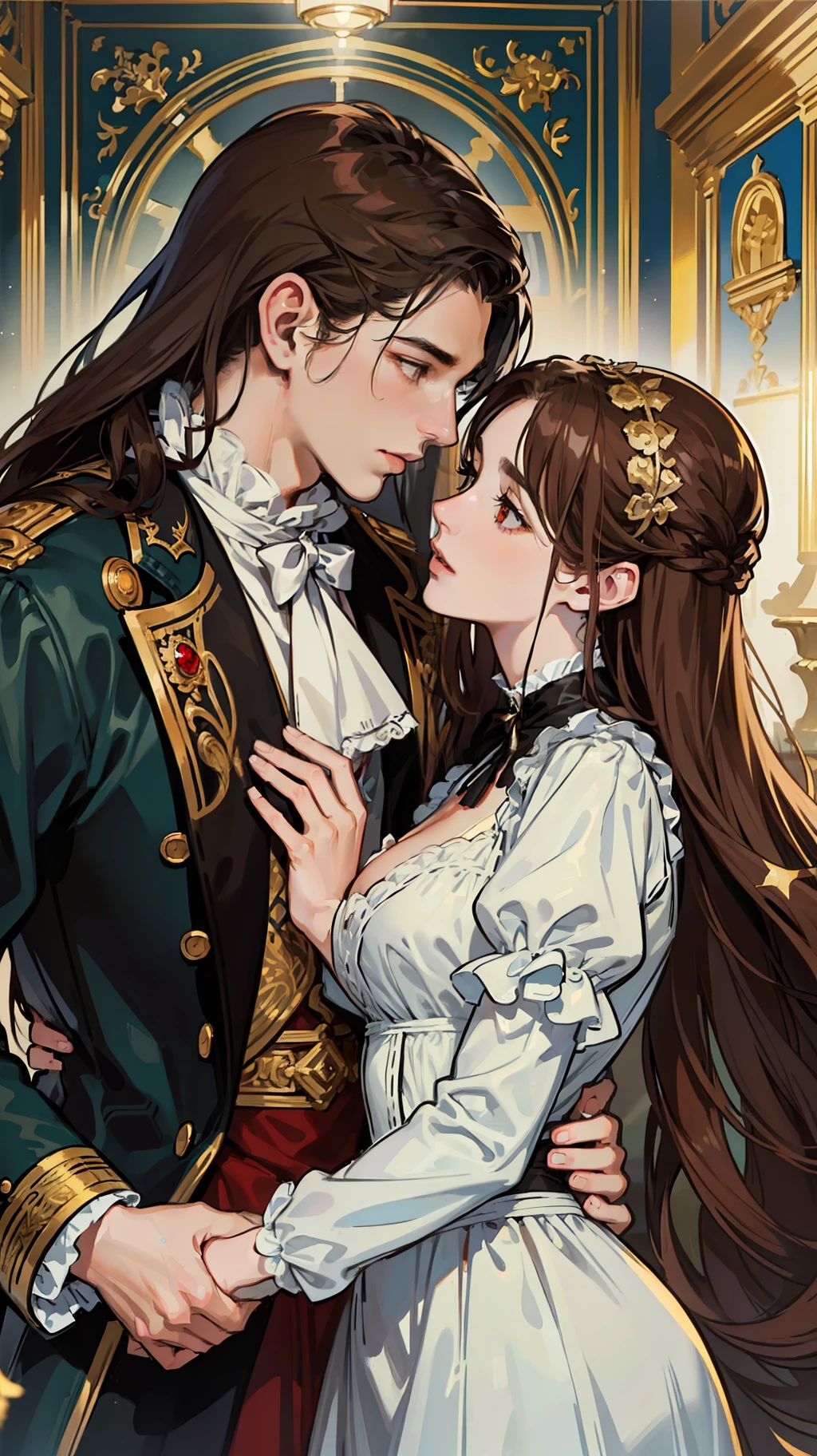 ((masterpieces)), best quality, outstanding illustration, a couple kissing, soft focus, 1 man with long black hair, RED EYES, 1 girl with long brown hair, BROWN EYES, Victorian clothes, Victorian romanticism, opulent and exquisite atmosphere, soft light and warm lighting. (((SPECIFIC CHARACTERISTICS)))