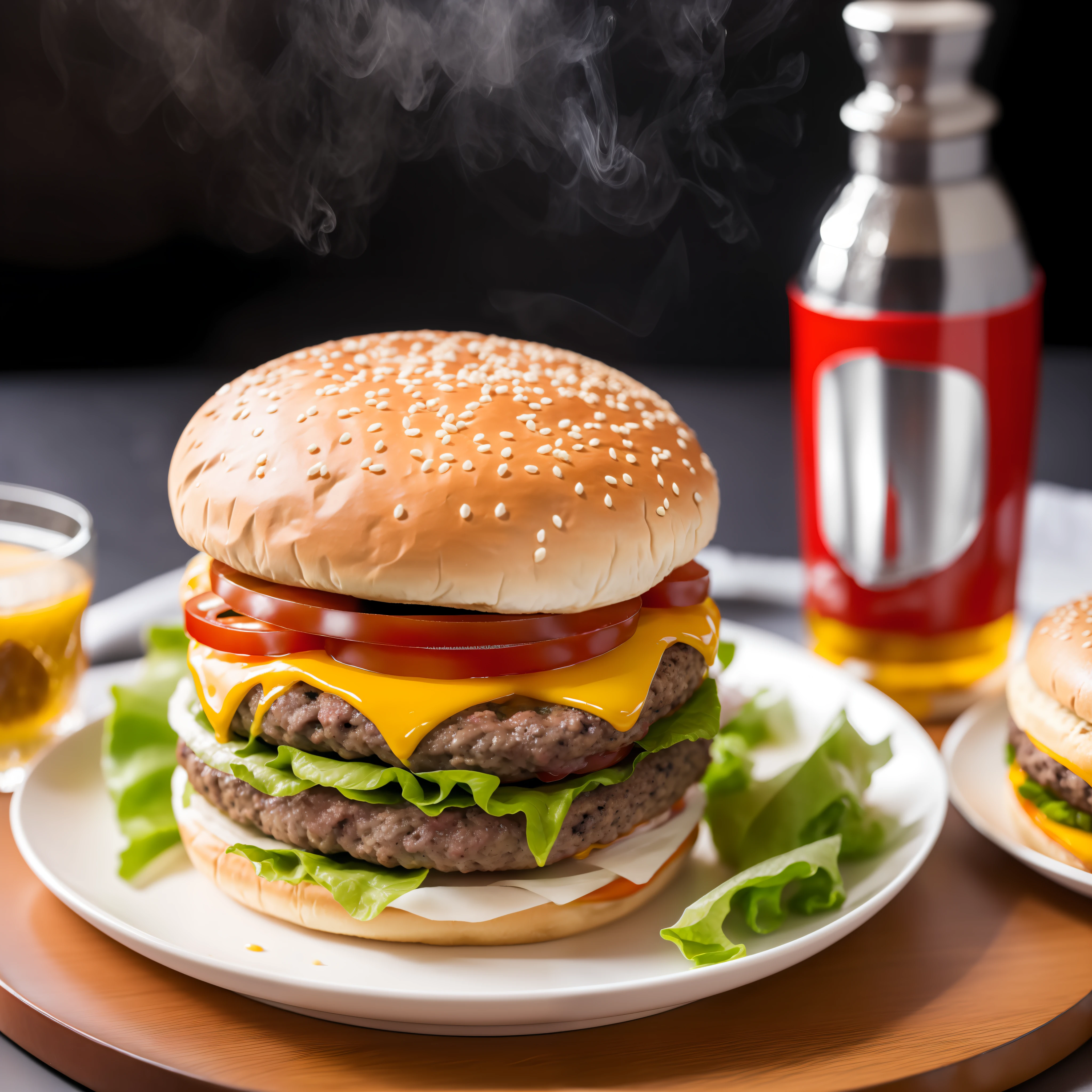 1 burger with cheese and pickles, burger on a plate, cheeseburger, hamburger, juicy burger, smoked layers, hamburger, 4K food photography, dark background, high quality food photography, professional food photography
