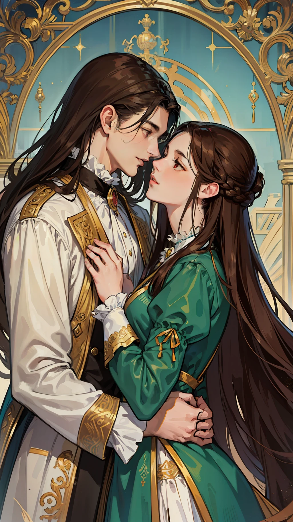 ((masterpieces)), best quality, outstanding illustration, a couple kissing, soft focus, 1 man with long black hair, RED EYES, 1 girl with long brown hair, BROWN EYES, Victorian clothes, Victorian romanticism, opulent and exquisite atmosphere, soft light and warm lighting. (((SPECIFIC CHARACTERISTICS)))