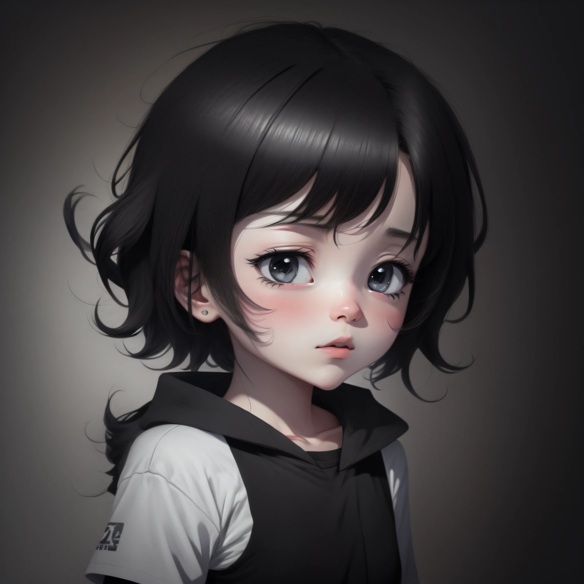 digital illustration, draft, black and white, 2d, Anime girl with black hair and a white shirt,