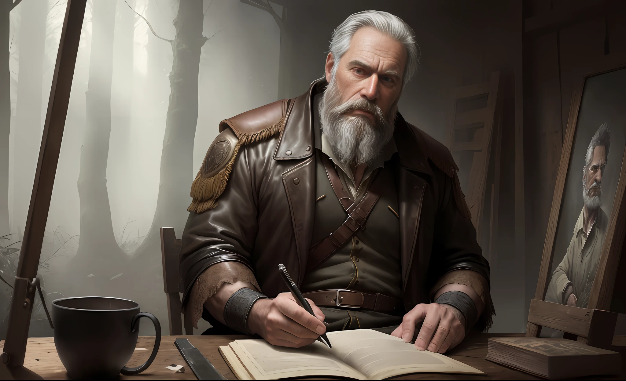photo of the most beautiful work of art in the world featuring a bearded, full-body, looking 45 years old, sad, pensive in a shadowy forest with darkness, devastating with scrolls and hold ancestral secrets (vibrant, realistic photo, realistic, dramatic, dark, sharp focus, 8k), (weather-damaged old and worn leather clothing: 1.4), (global lighting, gloomy environment,  volumetric half light)