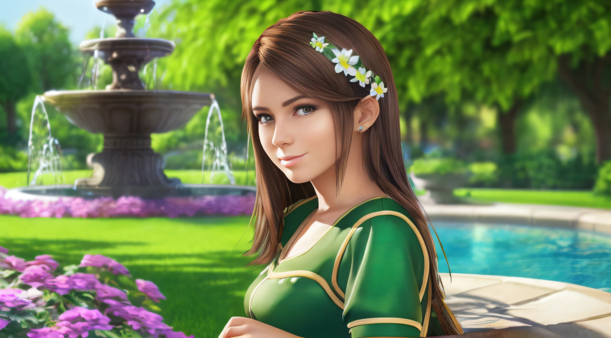 one young woman on a (garden with a fountain), fair skin, detailed face, perfect eyes, (brown hair), (lush green vegetation), temperate weather, nice smile, front shot, wearing summer attires, (extremely detailed unity 8k wallpaper, best quality, masterpiece)