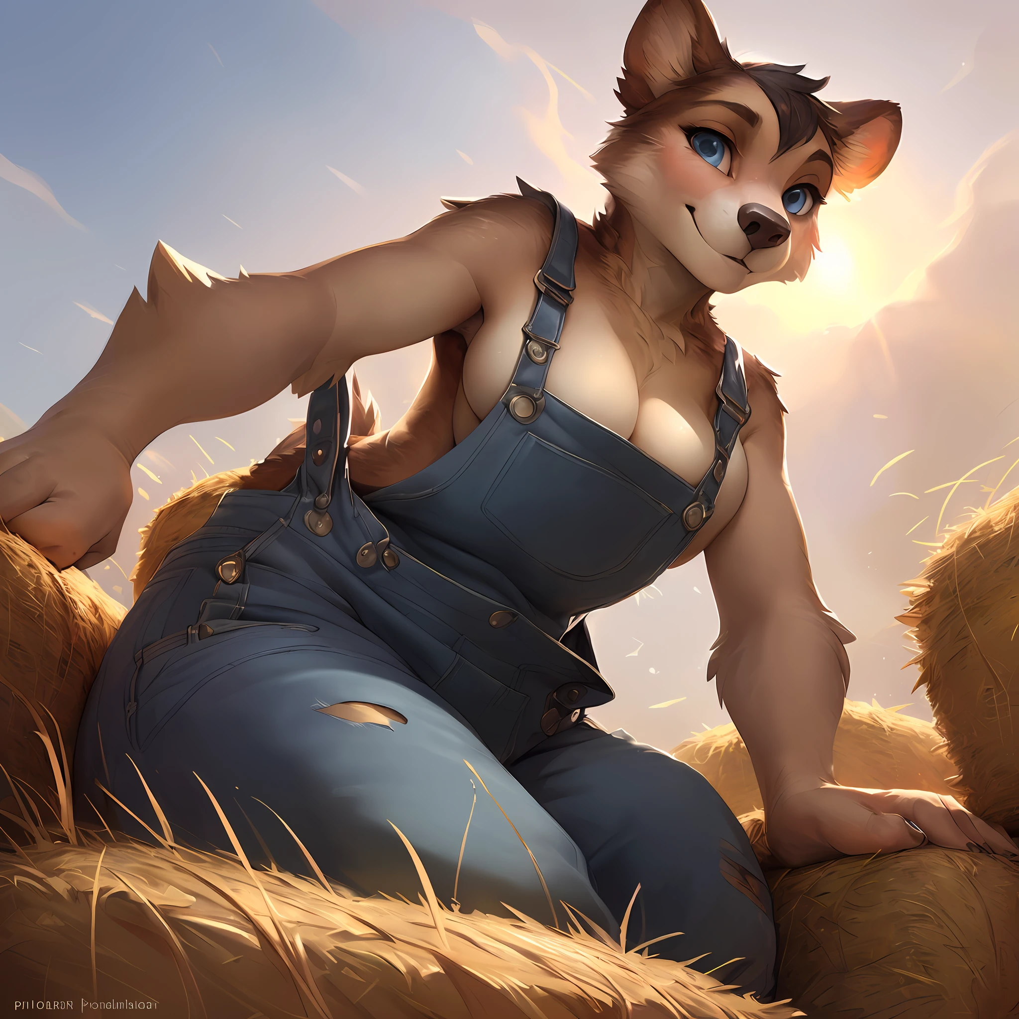 uploaded on e621, by Pixelsketcher, by Bayard Wu, by Thomas Benjamin Kennington , by Einshelm, solo beautiful anthro female bear with ((nice breasts)) and (fluffy tail) and ((beautiful and clear navy blue eyes)), ((wear dirty torn work overalls)), sweaty, embarrassed smile, (detailed Bonifasko lighting), ((detailed fur)), ((facing viewer and straddling a round hay bale in a field of crops with hand between legs)), (cinematic lighting), ((detailed background)), ((low-angle view)), (three-quarter view), (half body shadow), [backlighting], [crepuscular ray], [detailed ambient light], [gray natural lighting], [ambient light on the belly], (higher wildlife feral detail), [explict content], [sharp focus], (questionable content), (shaded), ((masterpiece)), BREAK