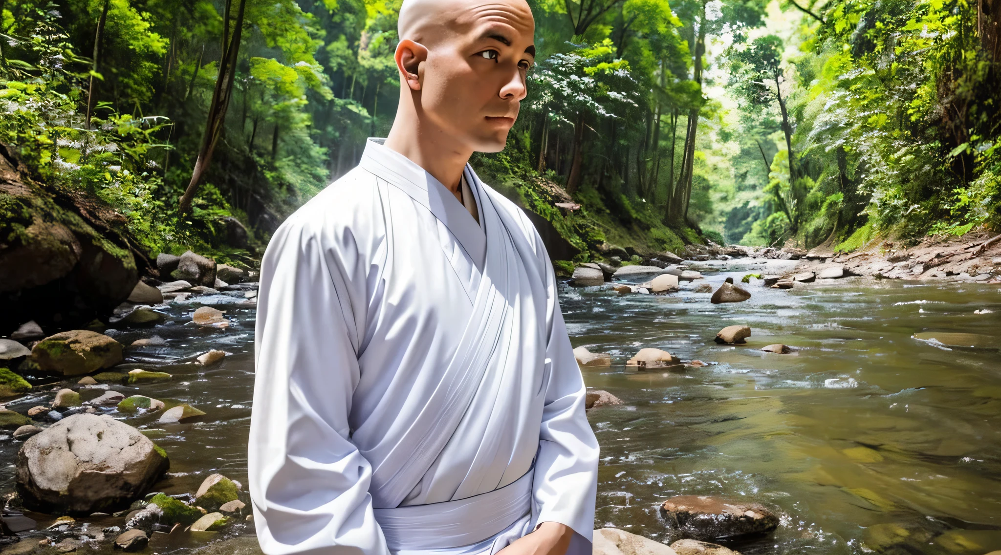 A bald white Buddhist monk in his 30s near a river, looking to the side --auto --s2