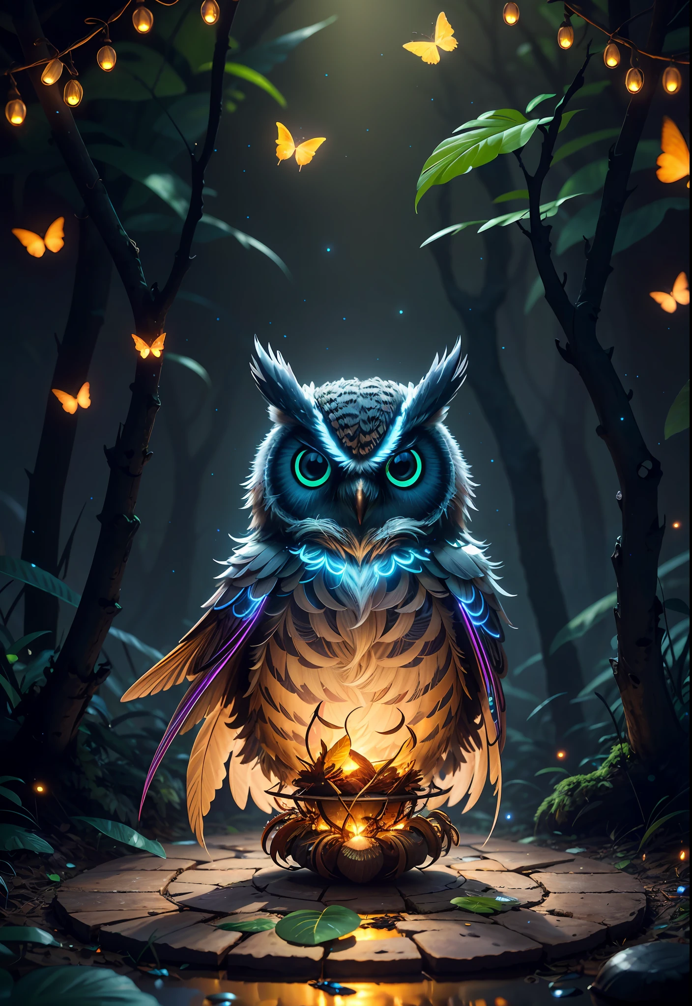 Masterpiece, best quality, extremely beautiful reflection, best reflection. (Very detailed CG unity 8k wallpaper), (best quality), (best illustration), (best shadow), a photo of a cybernetic owl, perched on barbed wire in a dark alley. His eyes are neon blue, reflecting the lights of the surrounding city. The feathers are fragmented and iridescent, and there is a wonderful code running through them. The shots used create a deformation effect, giving the impression that an owl is observing the viewer from all angles, with a forest theme with natural elements. Tall trees, quiet stream, glowing small mushrooms surrounded by delicate leaves and branches, and fireflies and glowing particle effects, (natural elements), (jungle theme), (leaves), (branches), (fireflies), butterflies, (delicate leaves), (glow), (particle effects), isometric 3D, Octane rendering, ray tracing, super detailed