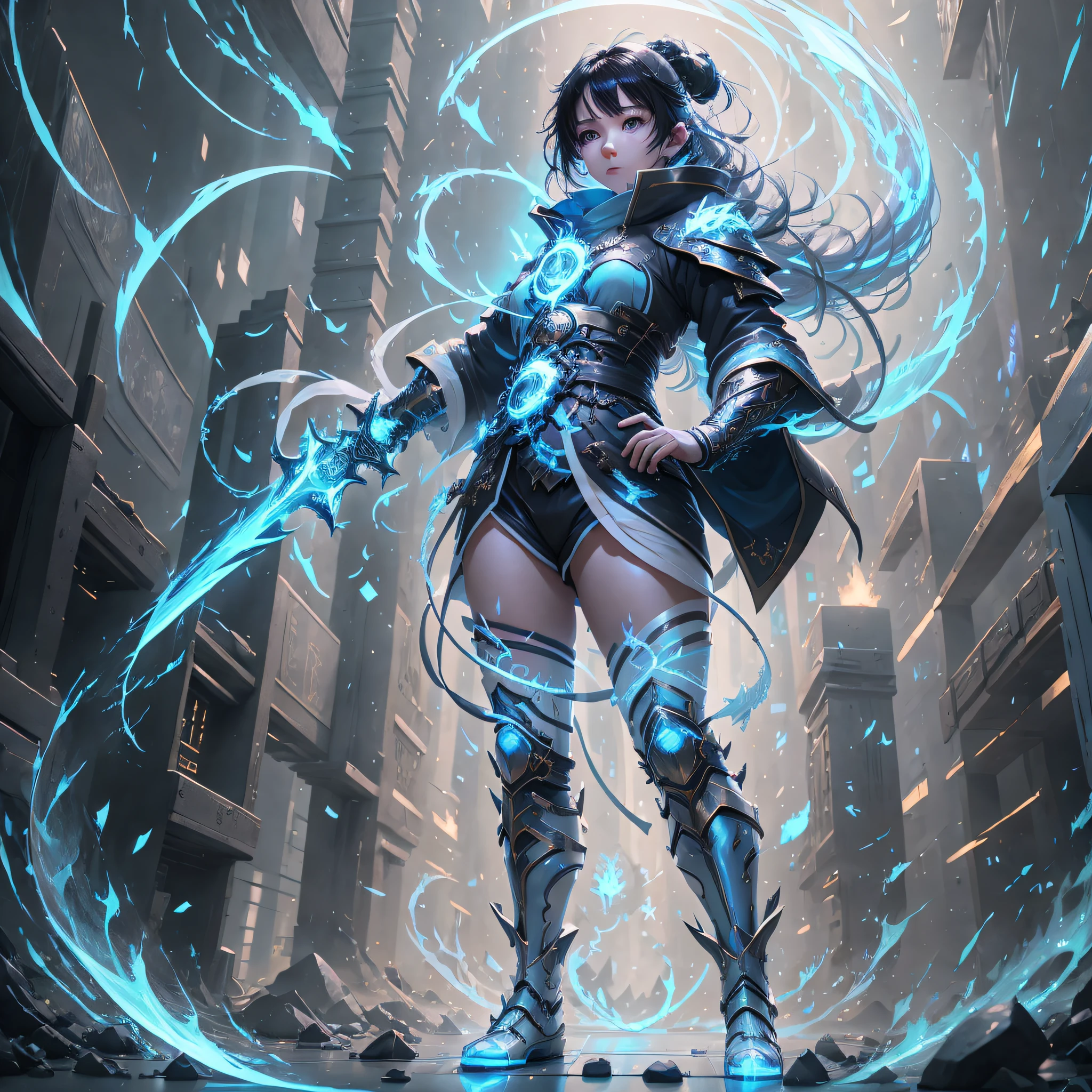 girl, anime, manhya, 3D, unreal engine 5, Light blue dragon eyes, black hair is short, white skin color, dark cloth clothing, wielding ying yang sword with light blue fire effects, full body, cyberpunk, golden ratio, vibrant neon, HDR10, 8k, unreal engine, --auto --s2