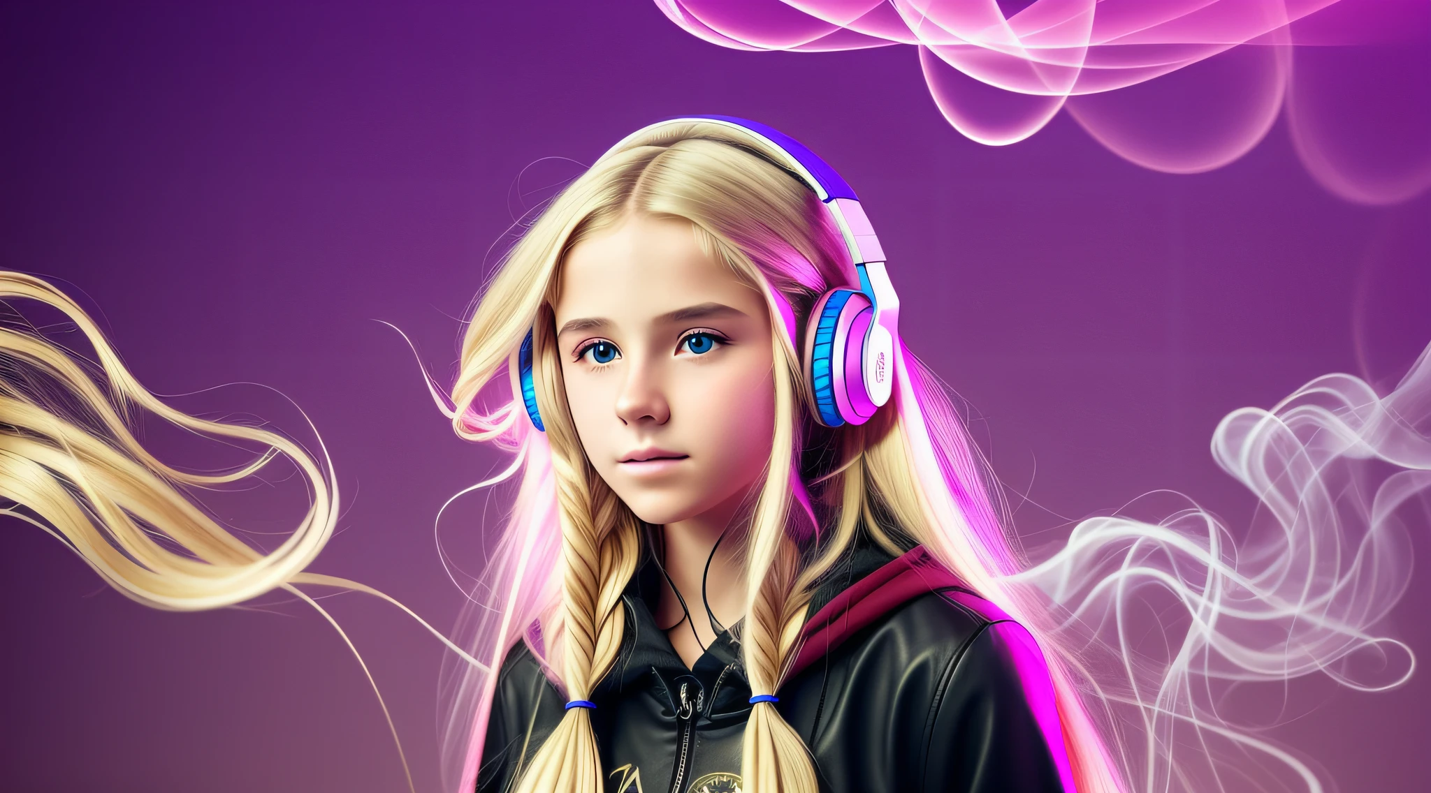 there is a 14 YEAR OLD GIRL In headphones, LONG BLONDE HAIR, smoke effects --auto --s2
