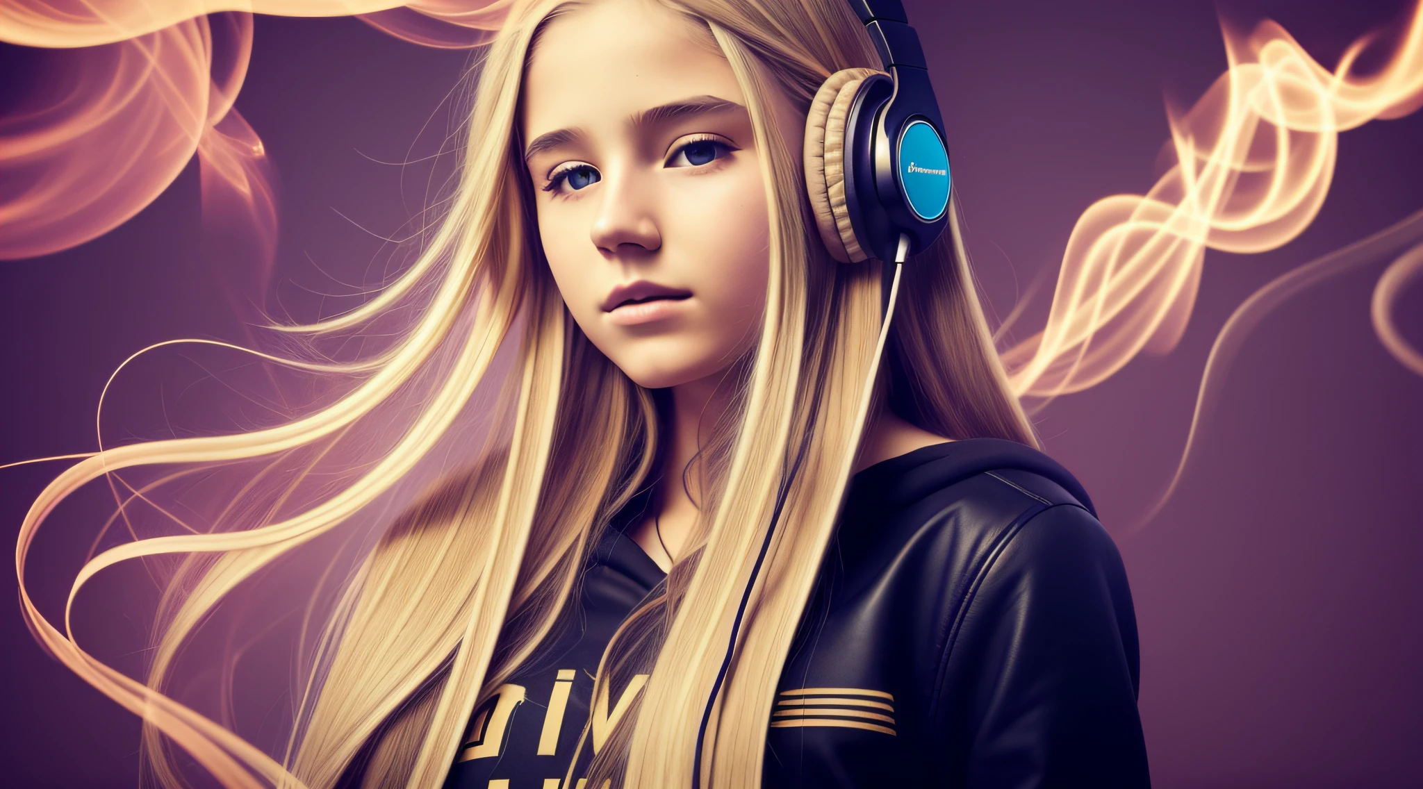 there is a 14 YEAR OLD GIRL In headphones, LONG BLONDE HAIR, smoke effects --auto --s2