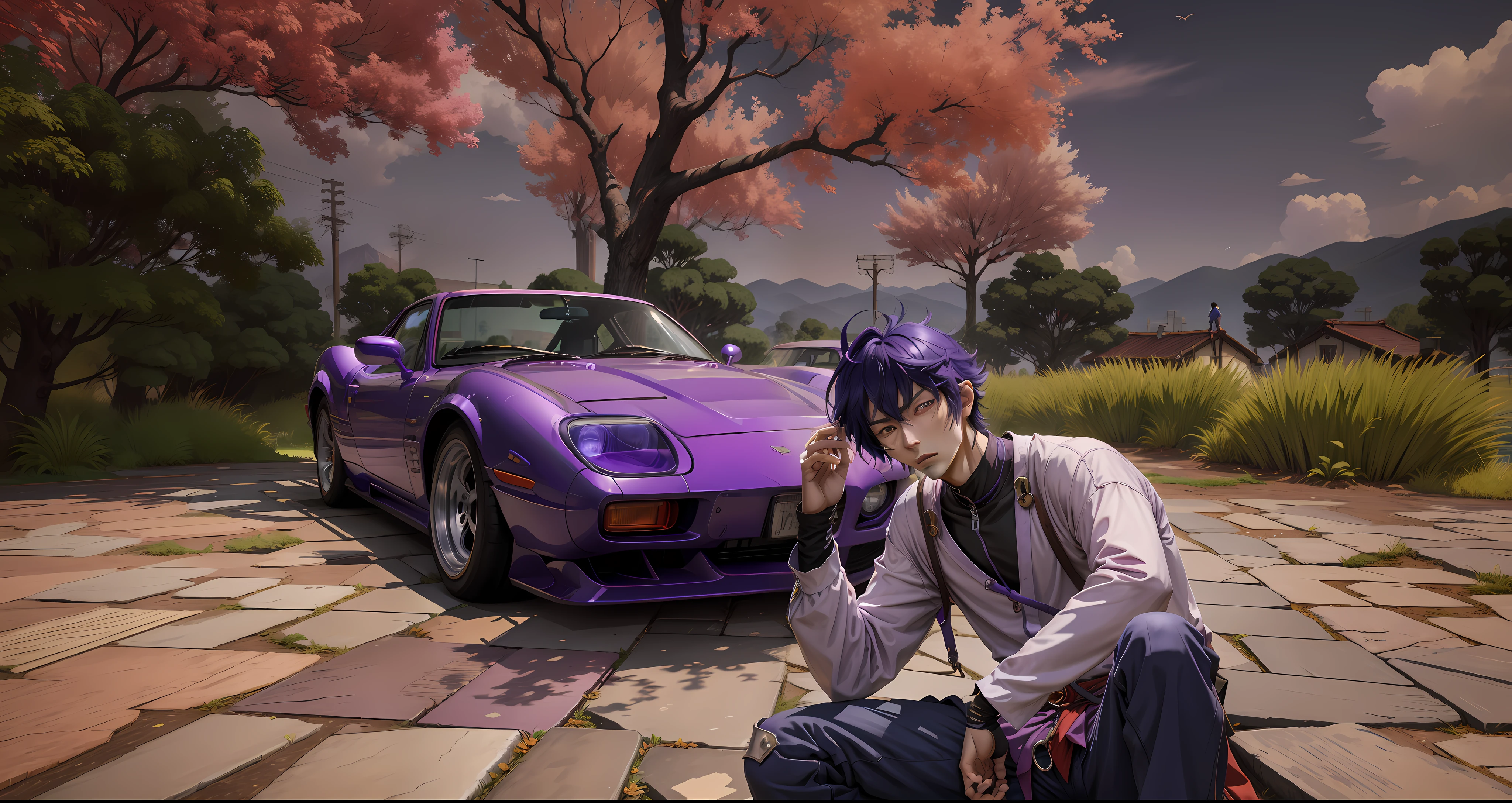 there is a men sitting on the ground next to a purple car, miura kentaro style, kentaro miura style, inspired by Ueda Fumito, inspired by Kentaro Miura, <mmorpgs scene, second life avatar, koyoharu gotouge, in style of kentaro miura, inspired by Ren Xiong, in the cyberpunk countryside