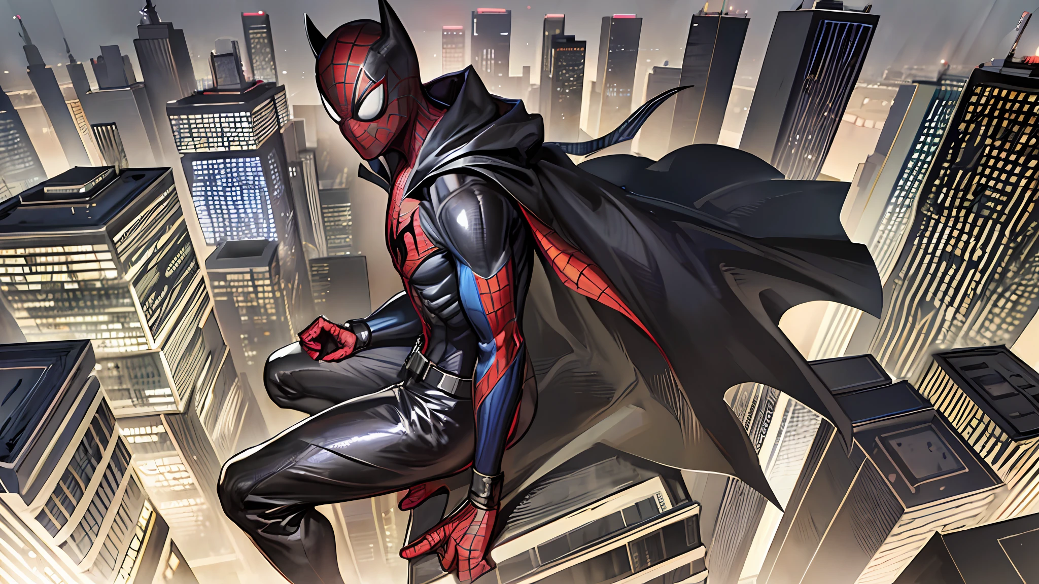 **spiderman and batman with black cape, futuristic gotham city at night, ultra realism, high quality --auto --s2