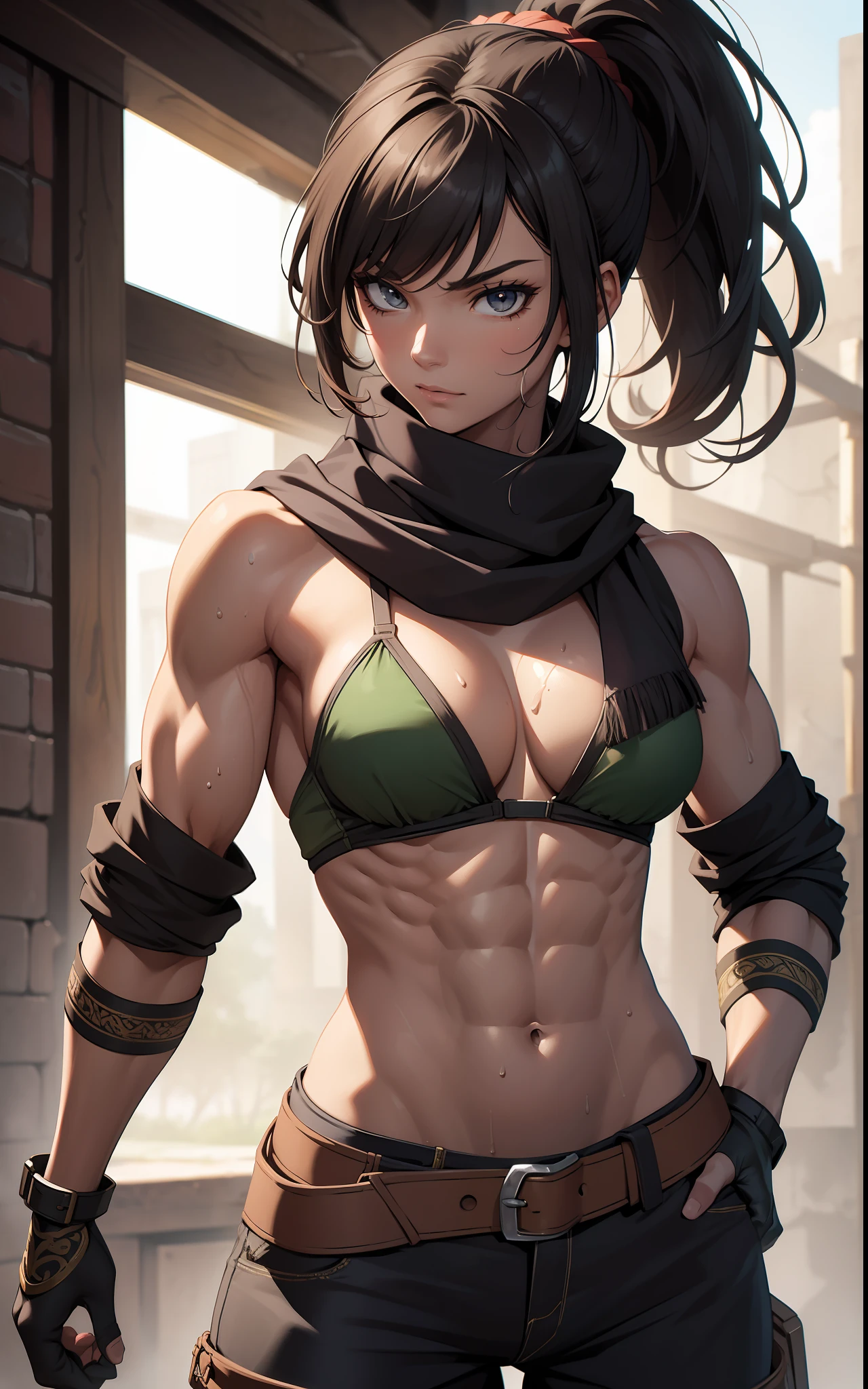 Best quality, masterpiece, portrait, highly detailed, intricate, rogue female mercenary, muscular, petite, ripped abs, sweaty, bikini top, sleeveless jacket, scarf, pants, ponytail, bangs, small boobs, sexy body