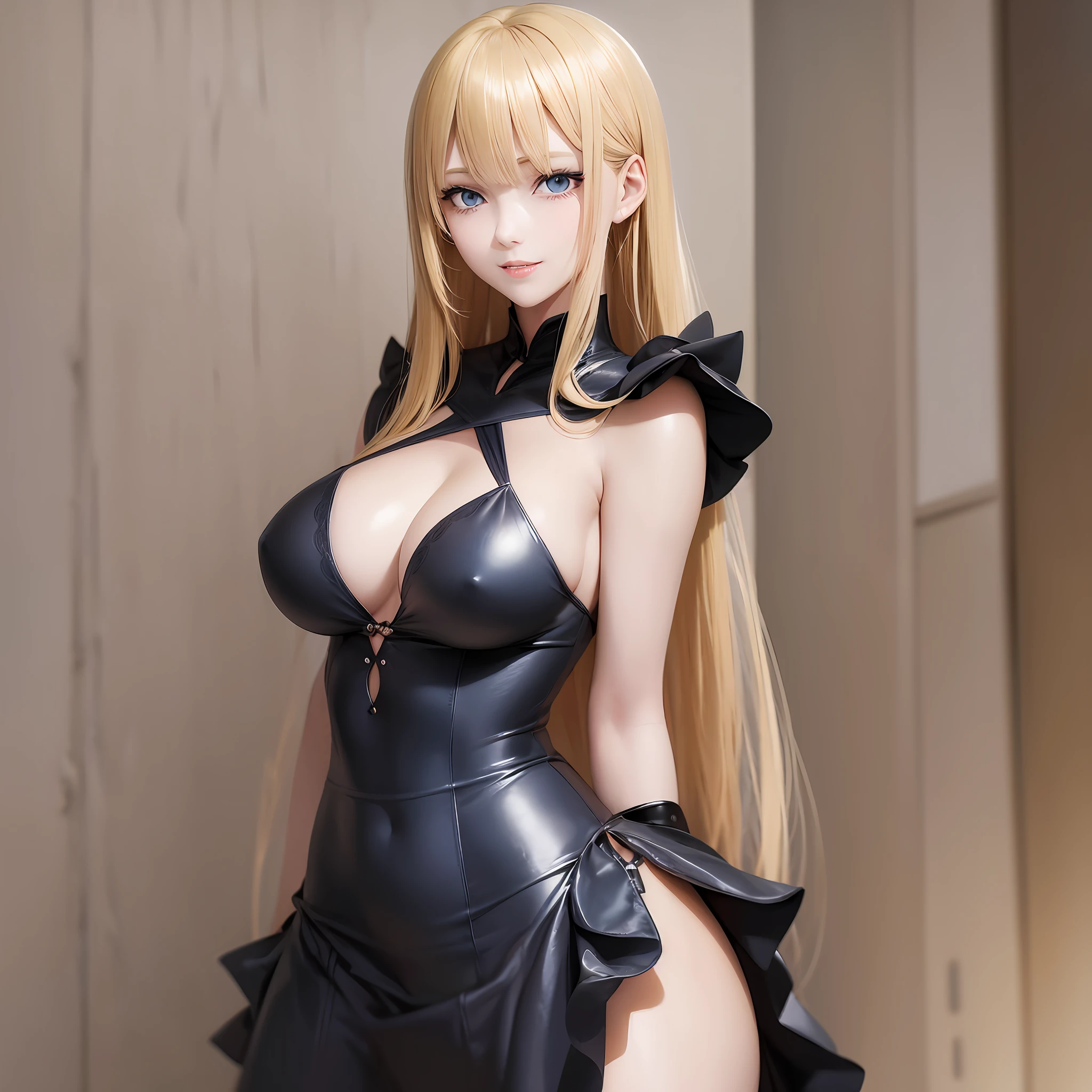 Anime style image of a beautiful woman with blonde hair, straight, large and with bangs.blue eyes, fair skin, delicate appearance, smiling, reddened lips, large breasts, thin waist, big ass and wearing a black casual dress. Full body --auto --s2