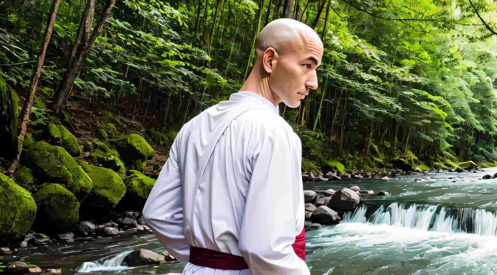 A bald white Buddhist monk in his 30s near a river, looking to the side --auto --s2