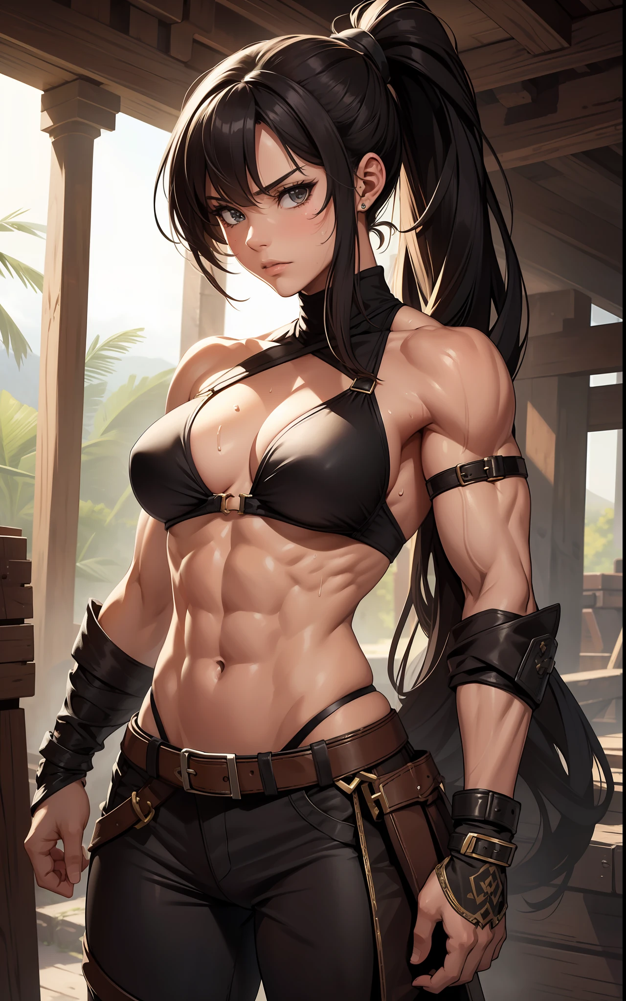 Best quality, masterpiece, portrait, highly detailed, intricate, rogue female mercenary, muscular, petite, ripped abs, sweaty, bikini top, pants, ponytail, bangs, small boobs, sexy body