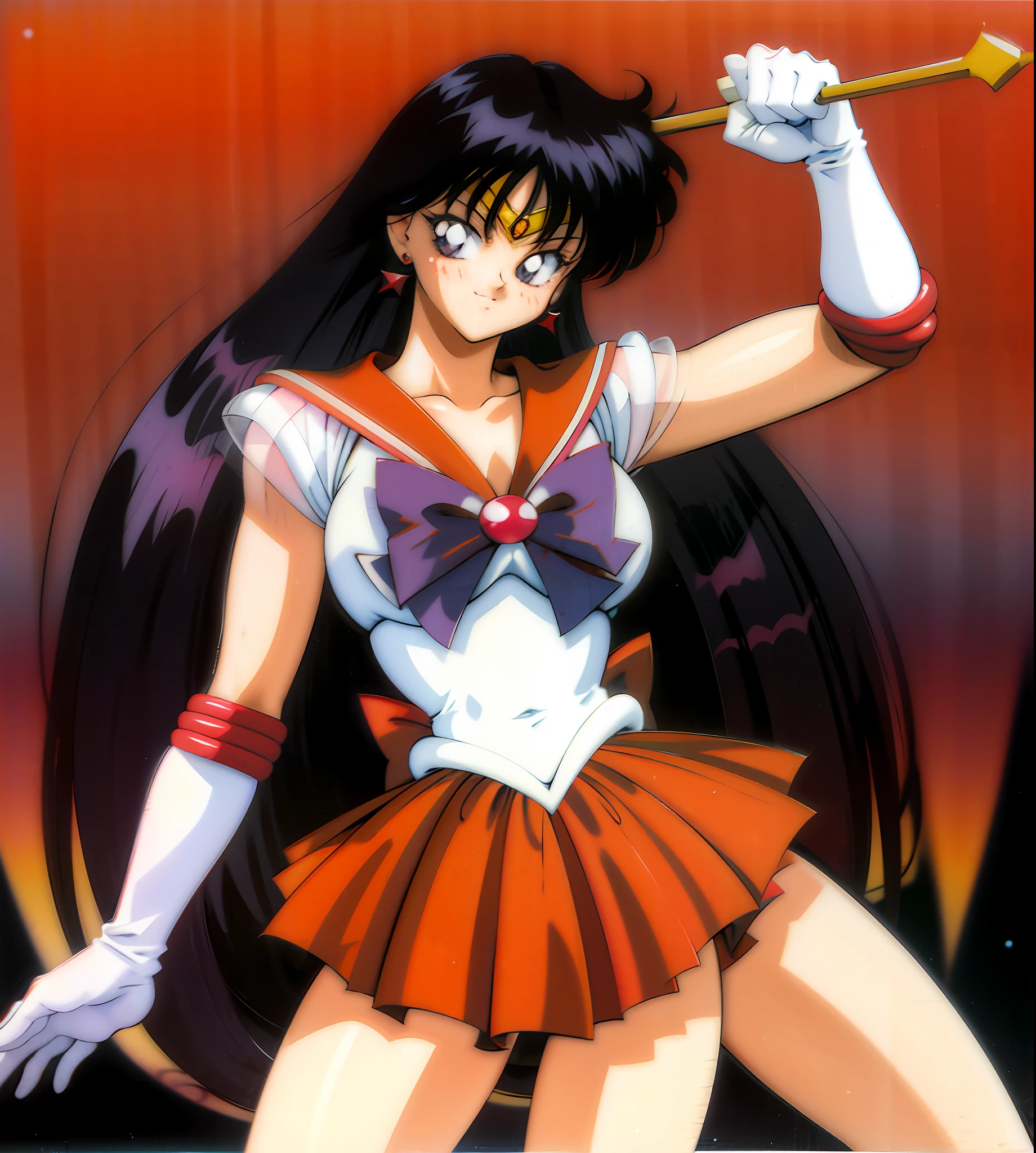 1990s \(style\), retro artstyle, masterpiece, best quality, absurdres, perfect antomy, 1girl, solo, SMMars, 1990s \(style\), standing, smile, cowboy shot, sailor senshi uniform, red sailor collar, red skirt, elbow gloves