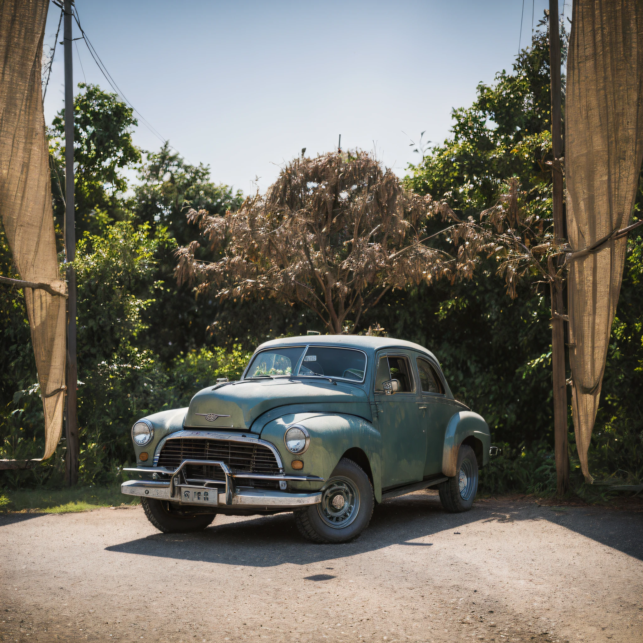 hyper realistic,metal,professional photo of a old car, large wheels, natural light, trees, old vibe, rural campaign, highly detailed, (highly detailed background), detailed textures, wide angle, 8k, HDR, professional photoshoot, high quality photo, realistic photo, realistic shadows, detailed shadows, realistic proportions,film grain, raw photo,(front), ((masterpiece: 1.4)), ((rain: 1.4))