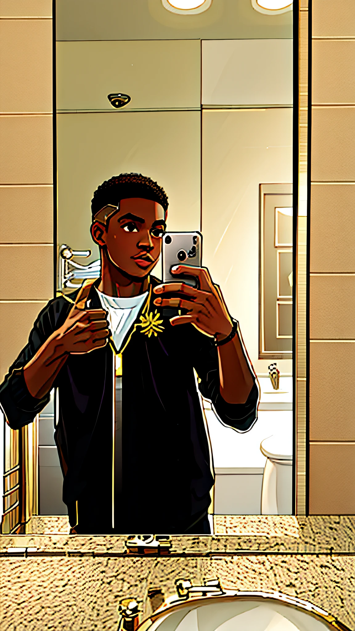 there is a man taking a selfie in a bathroom mirror, riyahd cassiem, around 1 9 years old, mirror selfie, in bathroom, full body picture, taken in the early 2020s, 8k selfie photograph, smooth in _ the background, around 20 yo, black teenage boy, 2 3 years old, mohamed chahin