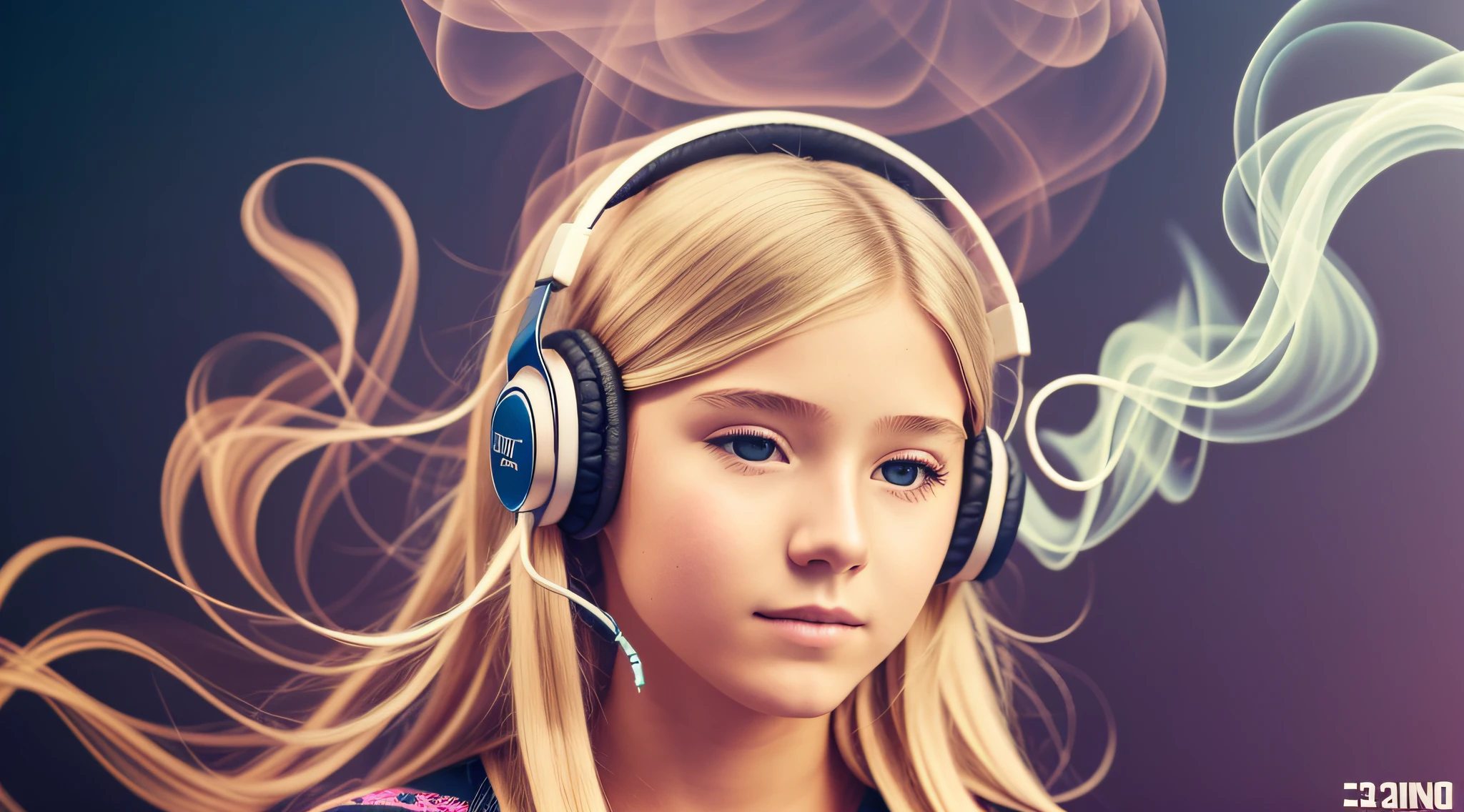 there is a 14 YEAR OLD GIRL In headphones, LONG BLONDE HAIR, smoke effects --auto --s2