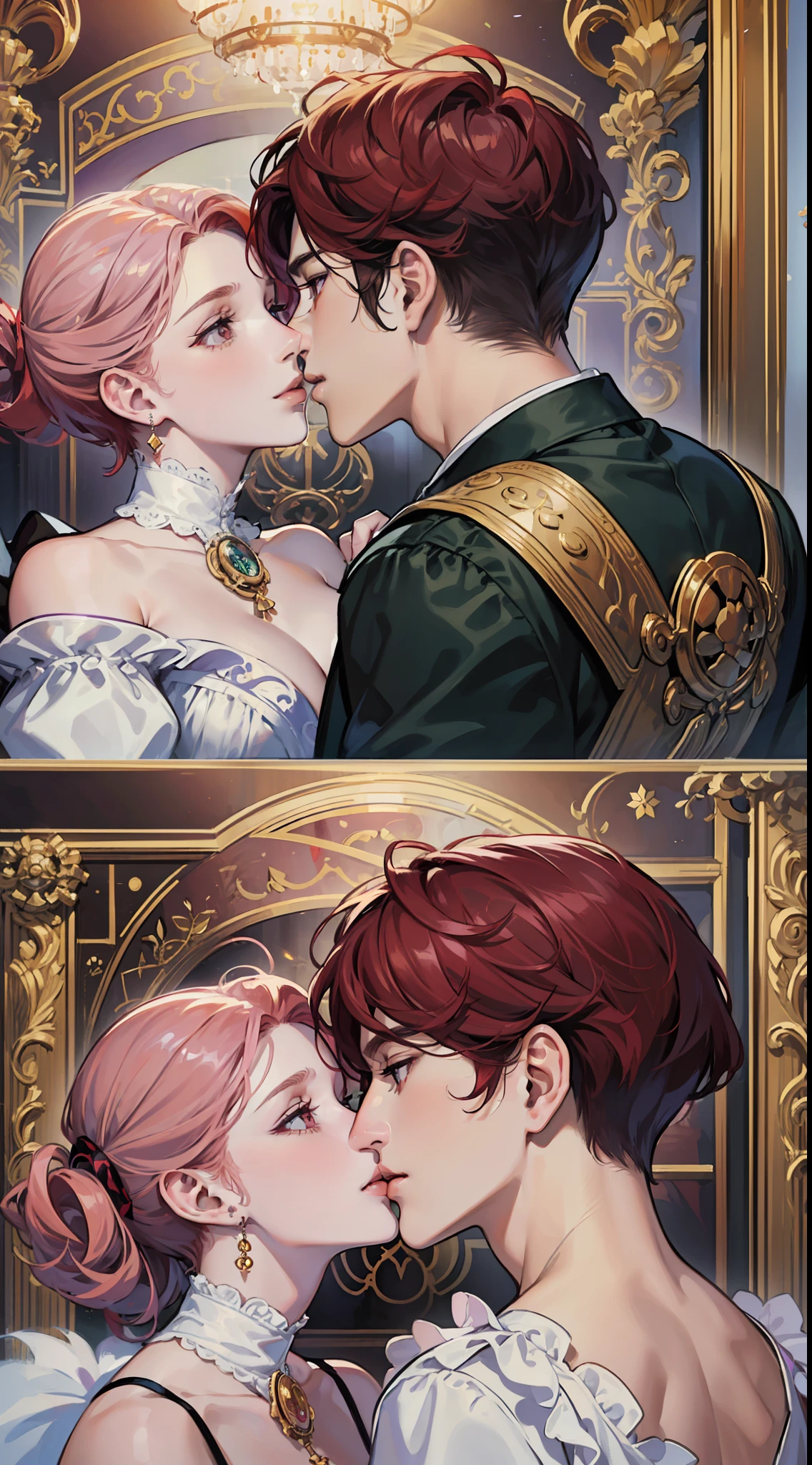 ((masterpieces)), best quality, outstanding illustration, a couple kissing, soft focus, 1 man with short red hair, RED EYES, 1 girl with short and shredded lilac hair, PURPLE EYES, Victorian clothes, Victorian romanticism, opulent and exquisite atmosphere, soft light and warm lighting. (((SPECIFIC CHARACTERISTICS)))