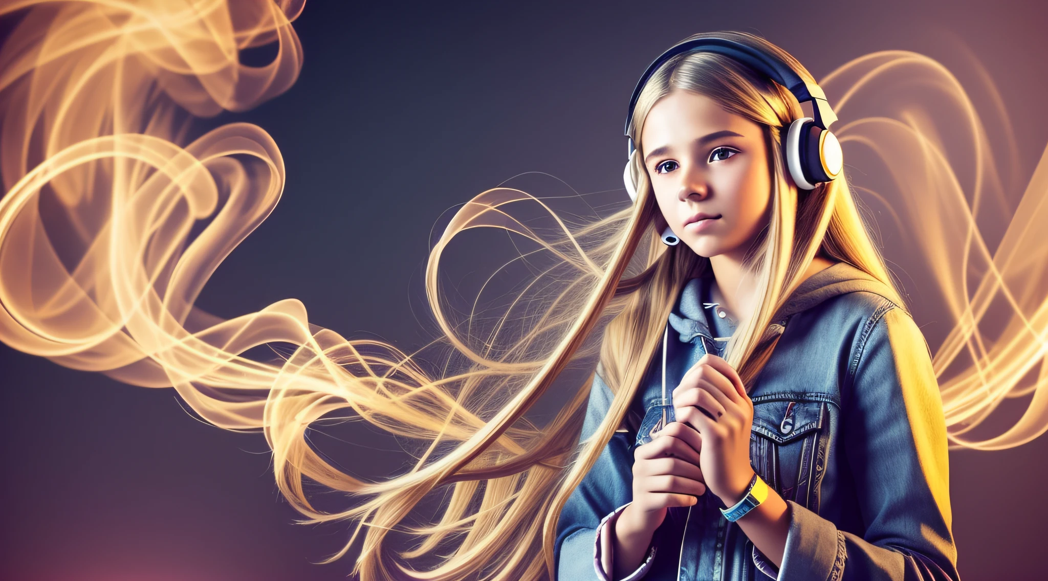 there is a 14 YEAR OLD GIRL In headphones, LONG BLONDE HAIR, smoke effects --auto --s2
