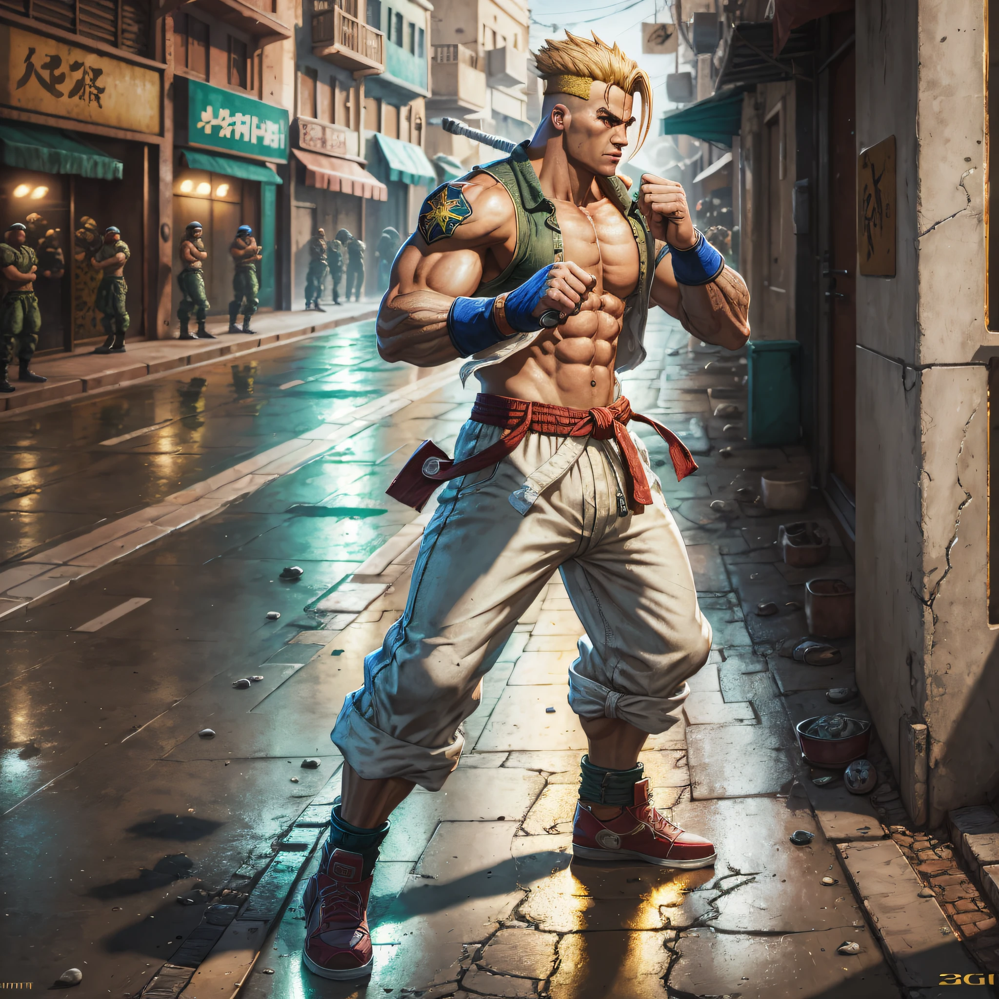 street figther jury character with original clothing, original hair, original colors, in guile airport fight scenario, Social realism, Realism, ray tracing, reflection light, high quality, high details, super detail, 8k, 16k, best quality --auto --s2