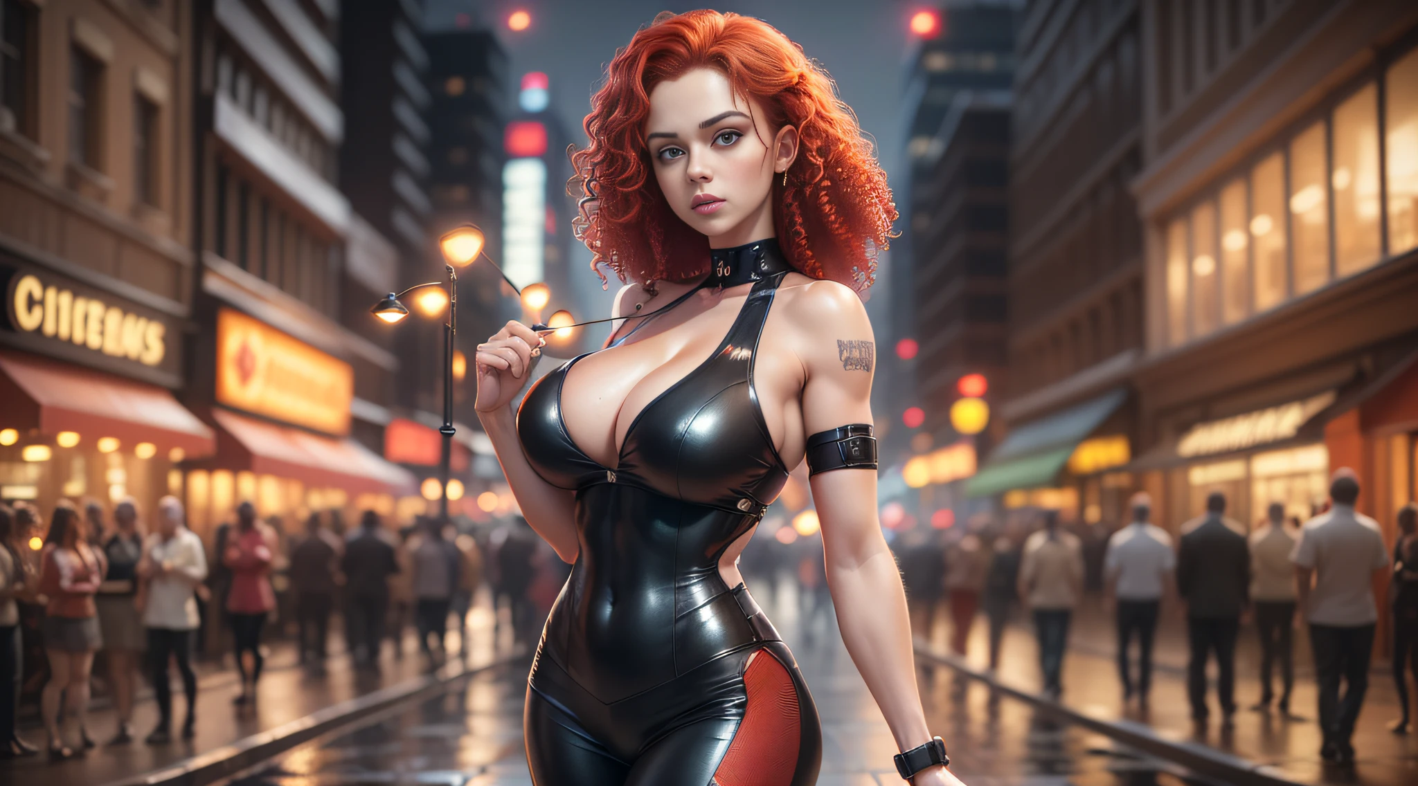 (hyper realistic), (extremely detailed), (skin texture, girl with red hair, curly hair, 40 years, big eyes, light eyes, pubs on display, full body, slim body, big boobs, professional lighting, cityscape, night, 32k, realistic photo, cinematic lighting, hair lighting, RAW photo, beauty dish