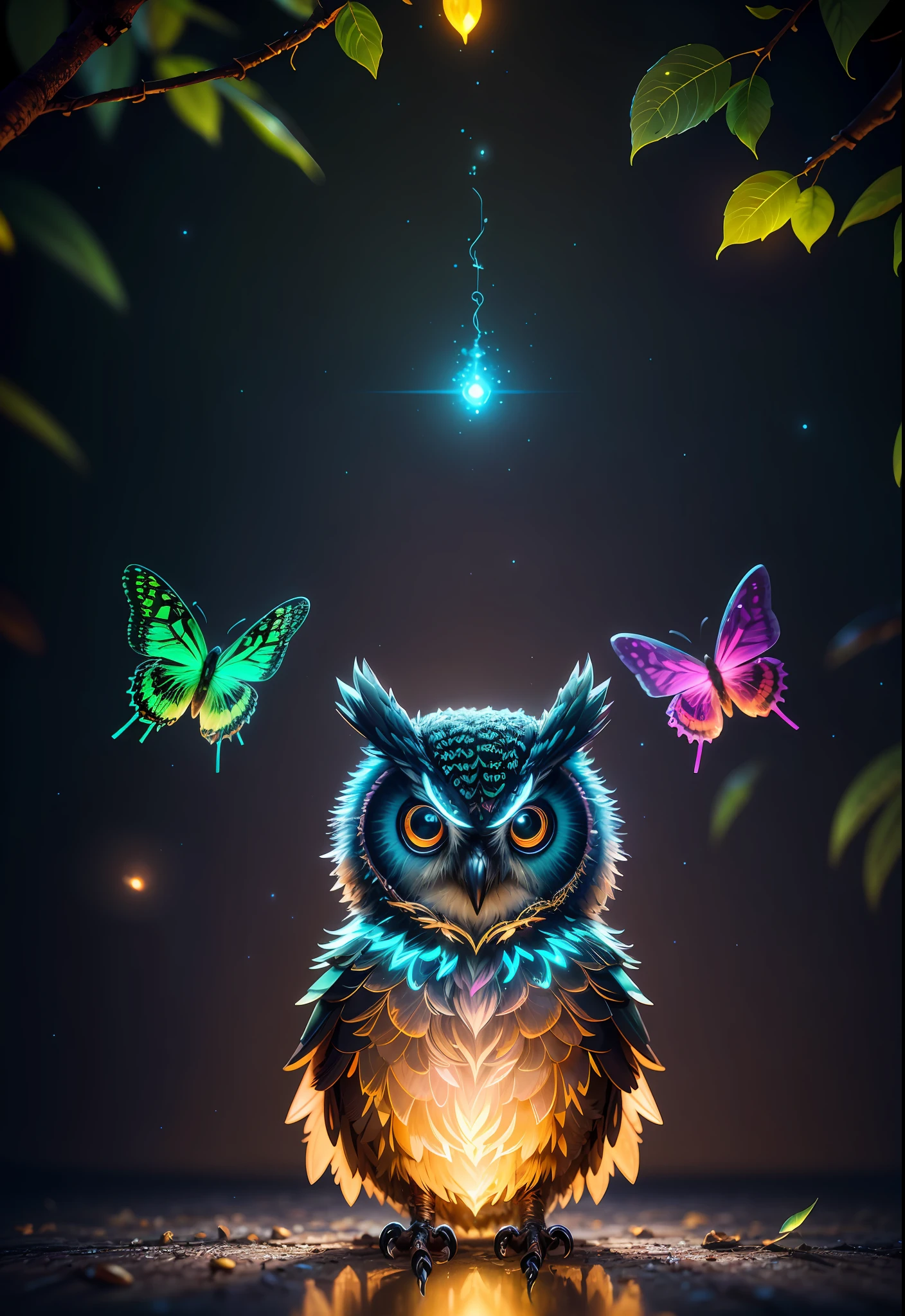 Masterpiece, best quality, extremely beautiful reflection, best reflection. (Very detailed CG unity 8k wallpaper), (best quality), (best illustration), (best shadow), a photo of a cybernetic owl, perched on barbed wire in a dark alley. His eyes are neon blue, reflecting the lights of the surrounding city. The feathers are fragmented and iridescent, and there is a wonderful code running through them. The shots used create a deformation effect, giving the impression that an owl is observing the viewer from all angles, with a forest theme with natural elements. Tall trees, quiet stream, glowing small mushrooms surrounded by delicate leaves and branches, and fireflies and glowing particle effects, (natural elements), (jungle theme), (leaves), (branches), (fireflies), butterflies, (delicate leaves), (glow), (particle effects), isometric 3D, Octane rendering, ray tracing, super detailed