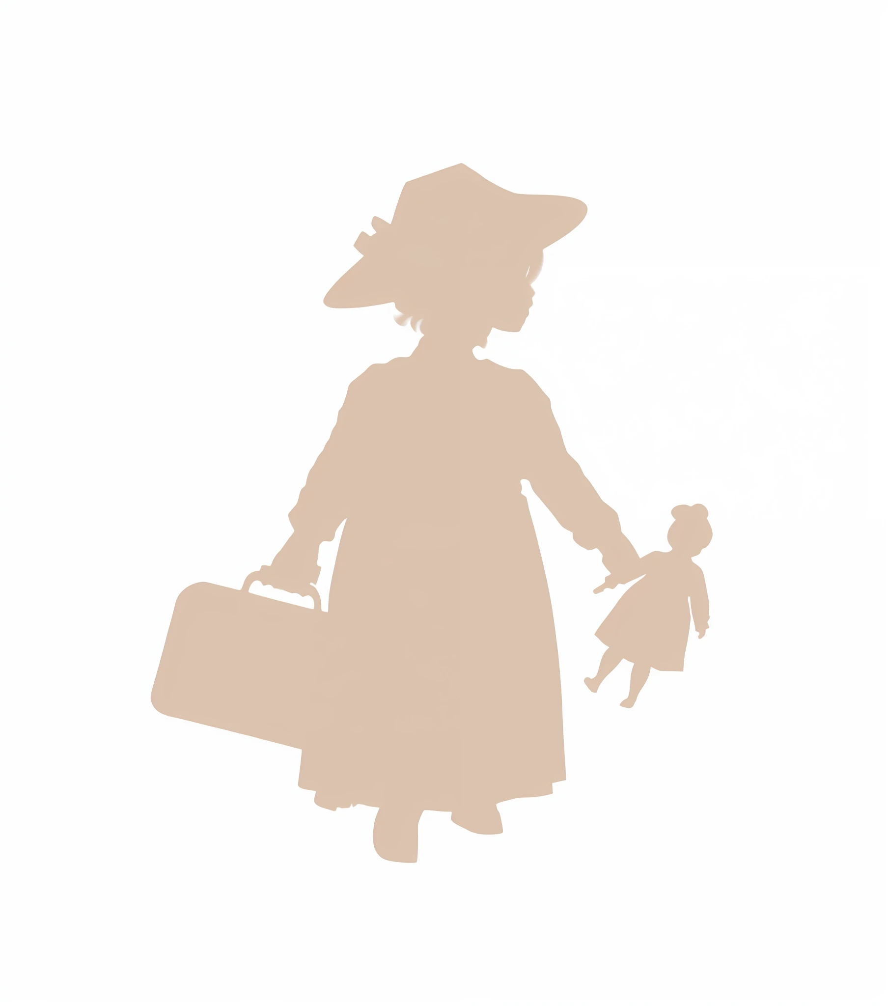 retro label of a silhouette of a girl holding a suitcase and a doll, siluette, children, child, child, small child, silhouette character, children, , girl, silhoutte, girl, beautiful girl, small, silhouette, detailed image, loli, silhouette, stylized silhouette, silhouette of a vintage girl, romantic style, paris. --auto --s2