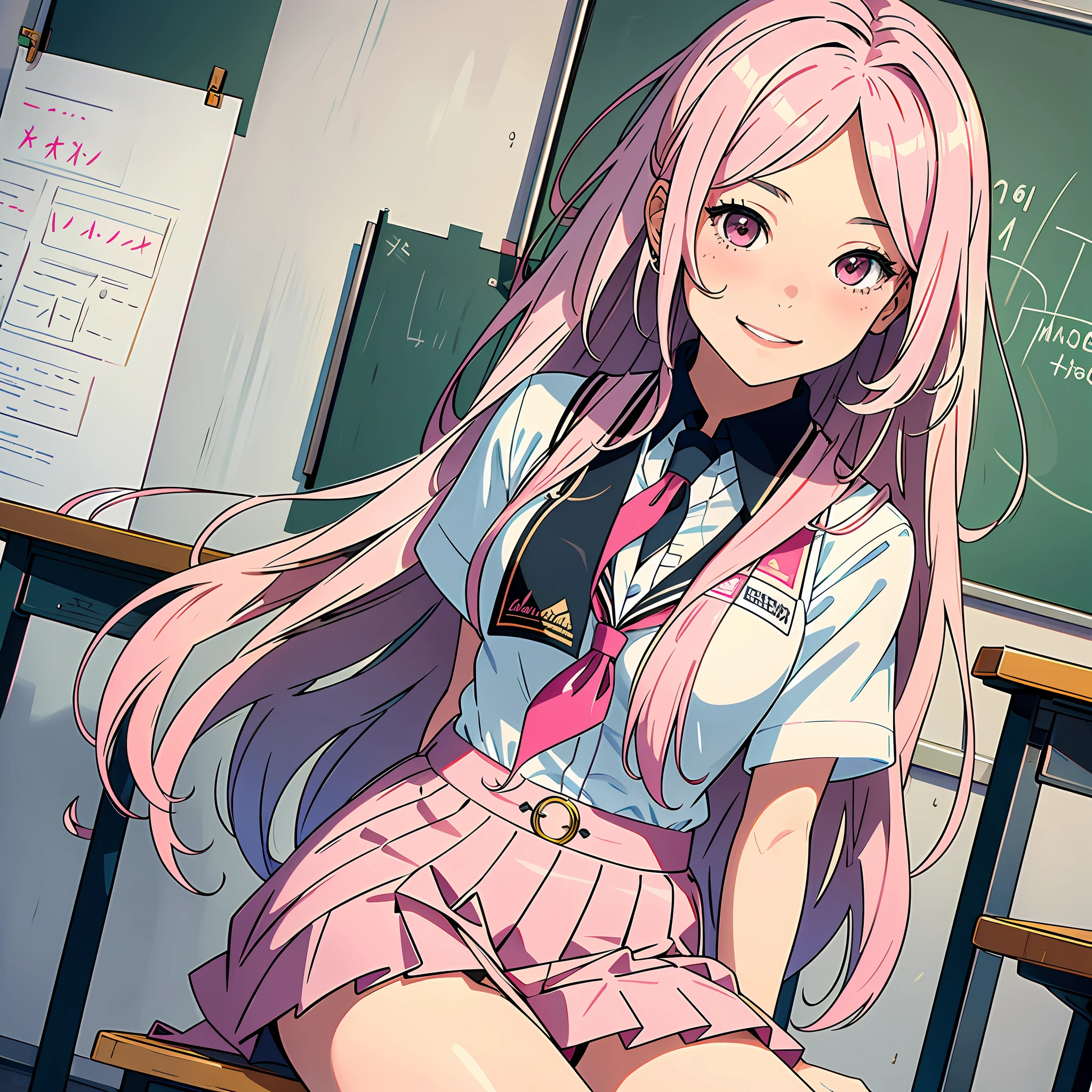Ultra high resolution, 16k, ((masterpiece)), ((best quality))), ((super detailed)), a girl, long pink hair, high school uniform, smile, in the classroom