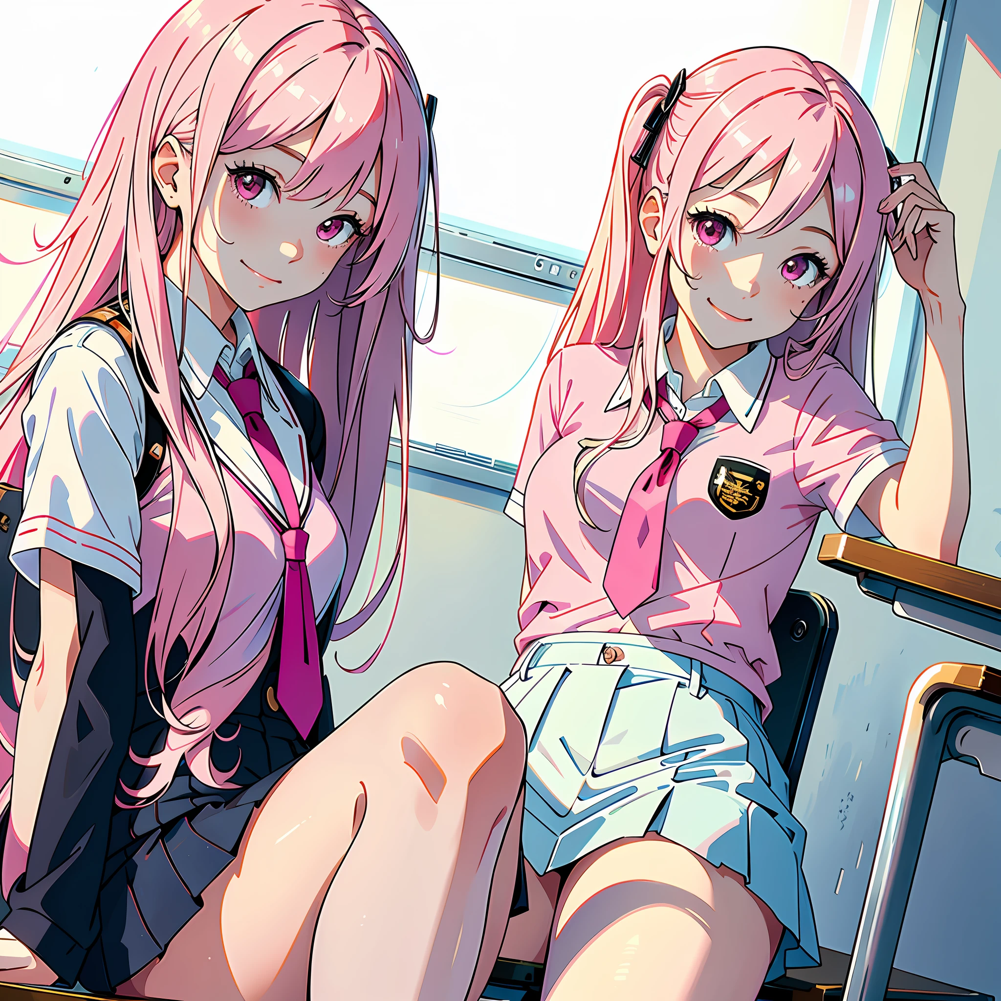 Ultra high resolution, 16k, ((masterpiece)), ((best quality))), ((super detailed)), a girl, long pink hair, high school uniform, smile, in the classroom