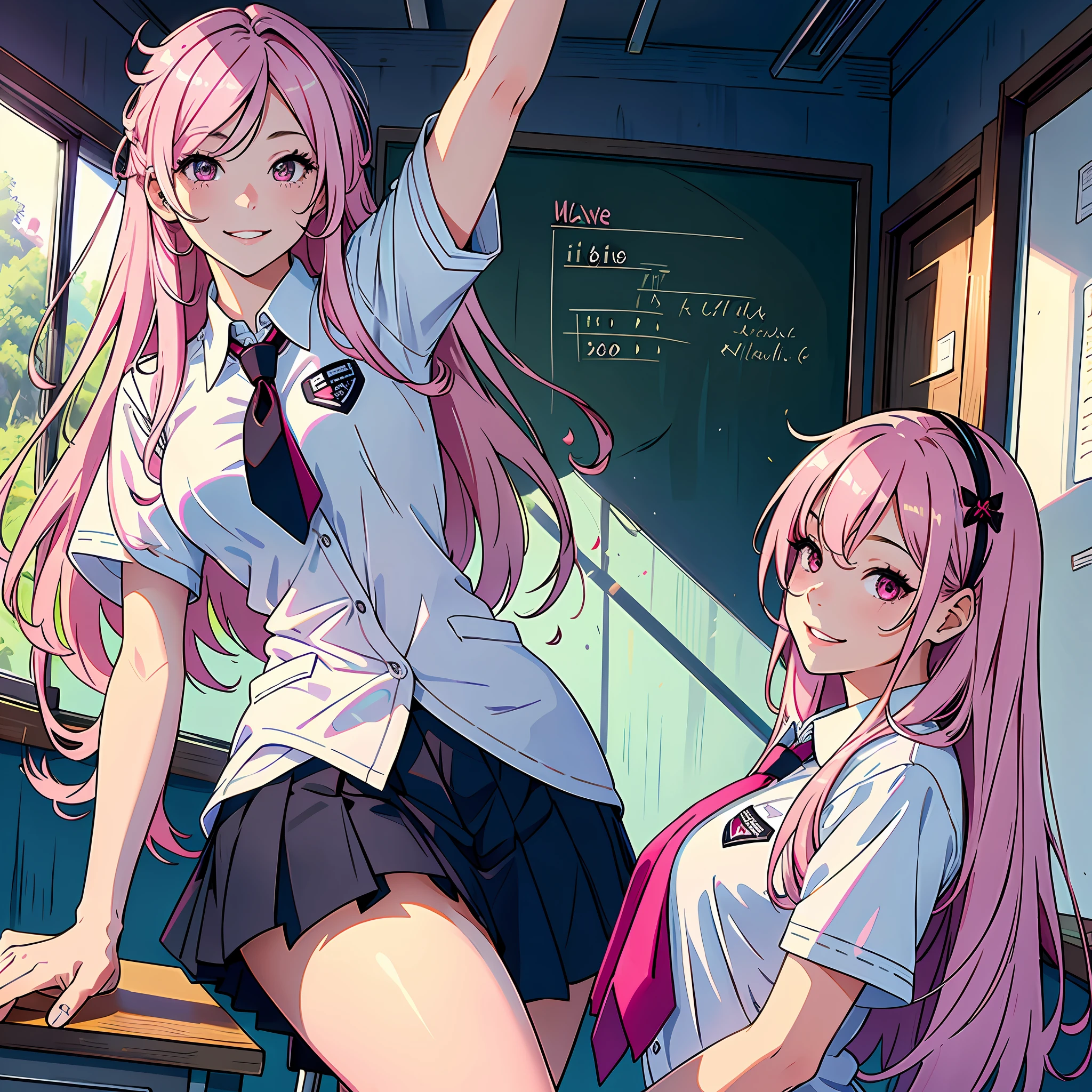Ultra high resolution, 16k, ((masterpiece)), ((best quality))), ((super detailed)), a girl, long pink hair, high school uniform, smile, in the classroom