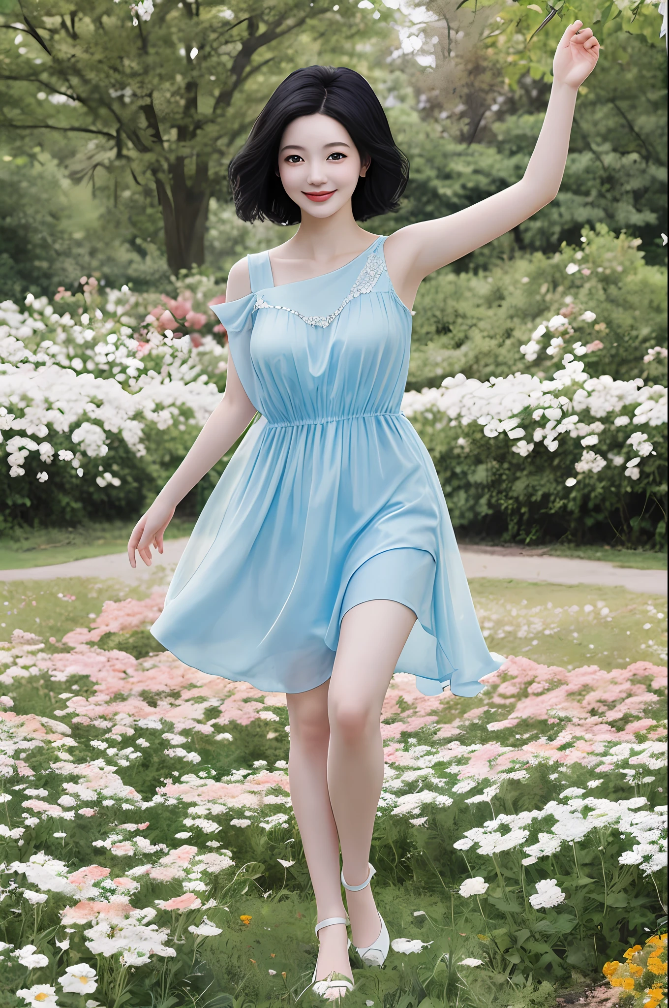 cute girl photo realistic,stands in a park where white clover blooms all around, exquisite and beautiful face, pretty face, (peach Red lips:1.1),pale skin, snow white skin, milky skin, smooth translucent skin,  tender and smooth skin,(black hair:1.2),short hair,smile, exquisite collarbone, seductive and delicate collarbone, charming fragrant shoulders, shoulders slightly exposed,  open-shoulder dress,sky blue short skirt,sleeveless,(sleeve:-2.0),smile with teeth,bokeh, full body,very realistic details,  ultra-high resolution,outstanding details