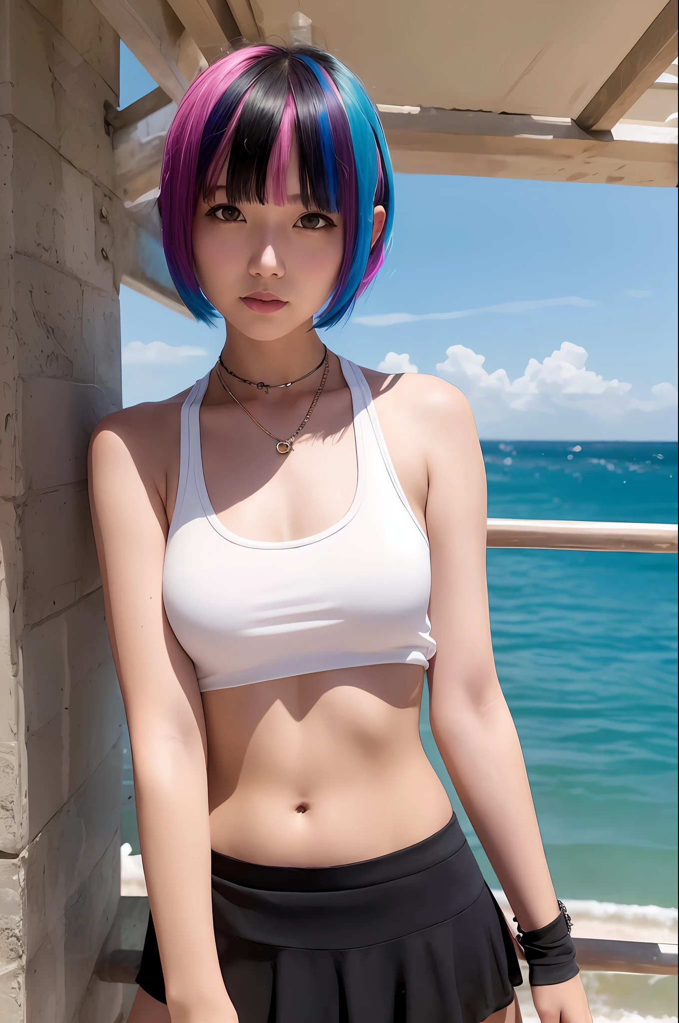 piercing woman, piercing, smile, colorful hair, punk girl, (white tank top), short cut hair, blunt bangs, (black skirt), 1girl,solo, flashy hair, photorealistic, high resolution, 1 girl, golden and pink and light blue hair, colorful hair color, korean, beach, wharf, cowboy shot,