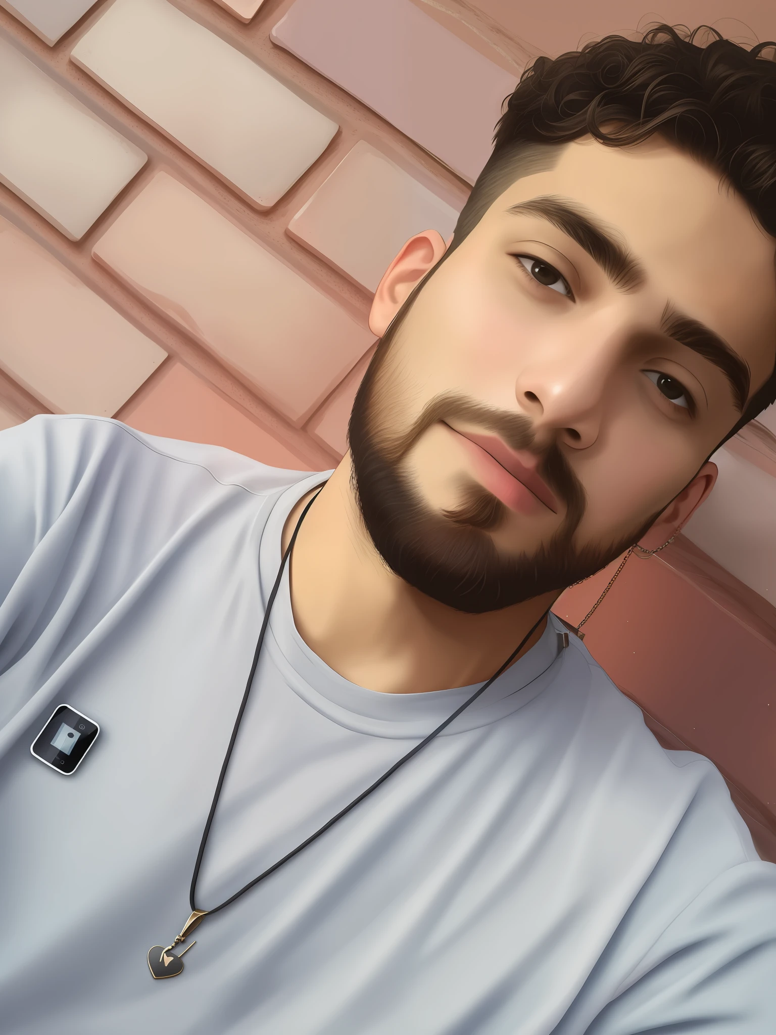 Man with beard and necklace holding a cell phone, around 1 9 years old, with beard profile picture, high quality photo