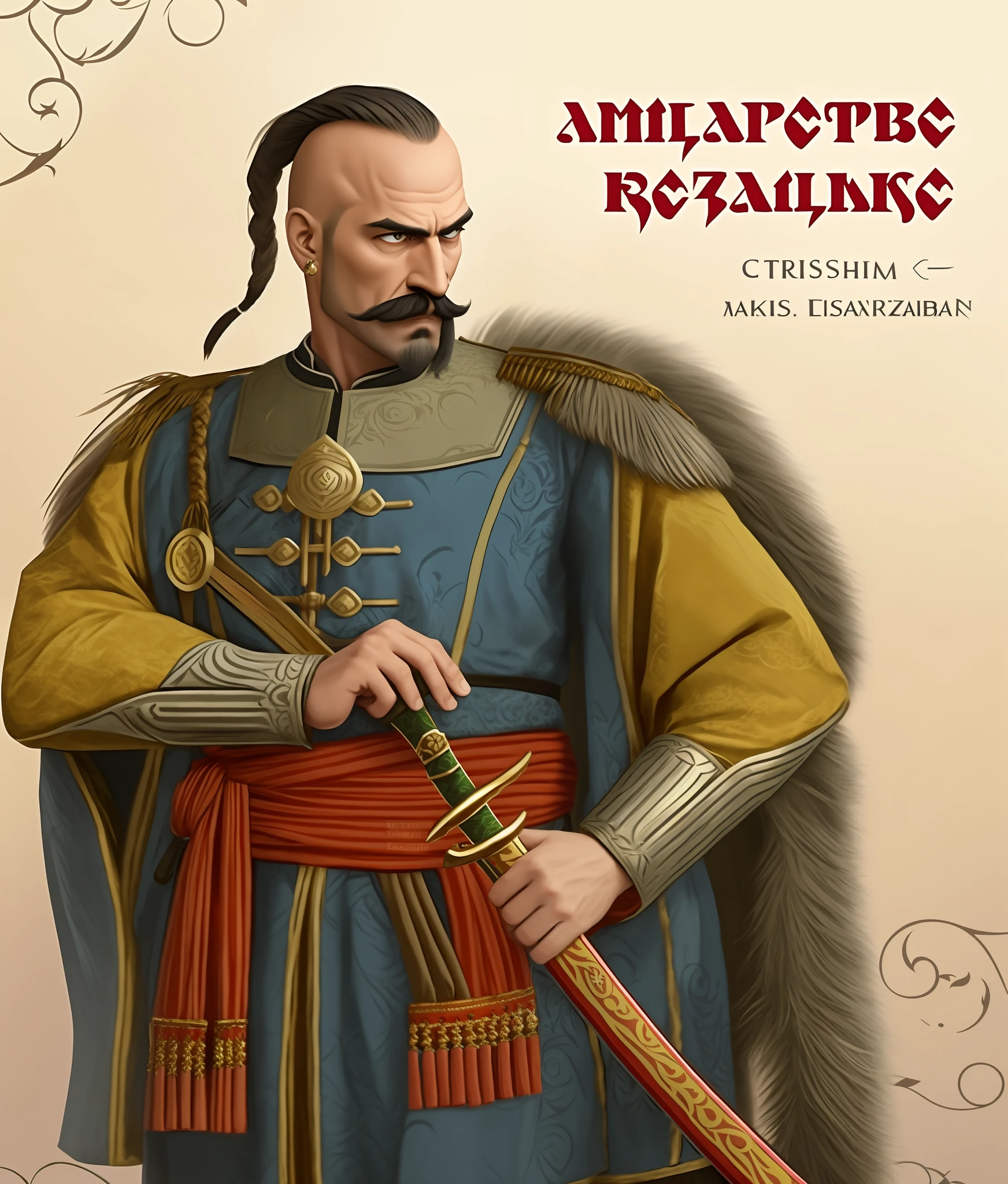 0mib style, illustrator, masterpiece, high quality, 8k, high resolution, high detailed, Ukrainian, Cossack, Cossack, a strong bald warrior like the Zaporozhi Cossacks, long mustache, long hair just on top of the head, ear hoop earring, wearing wide red Arabian style pants, sash tied at the waist, Turkish sword in hand, shirt in green tone
