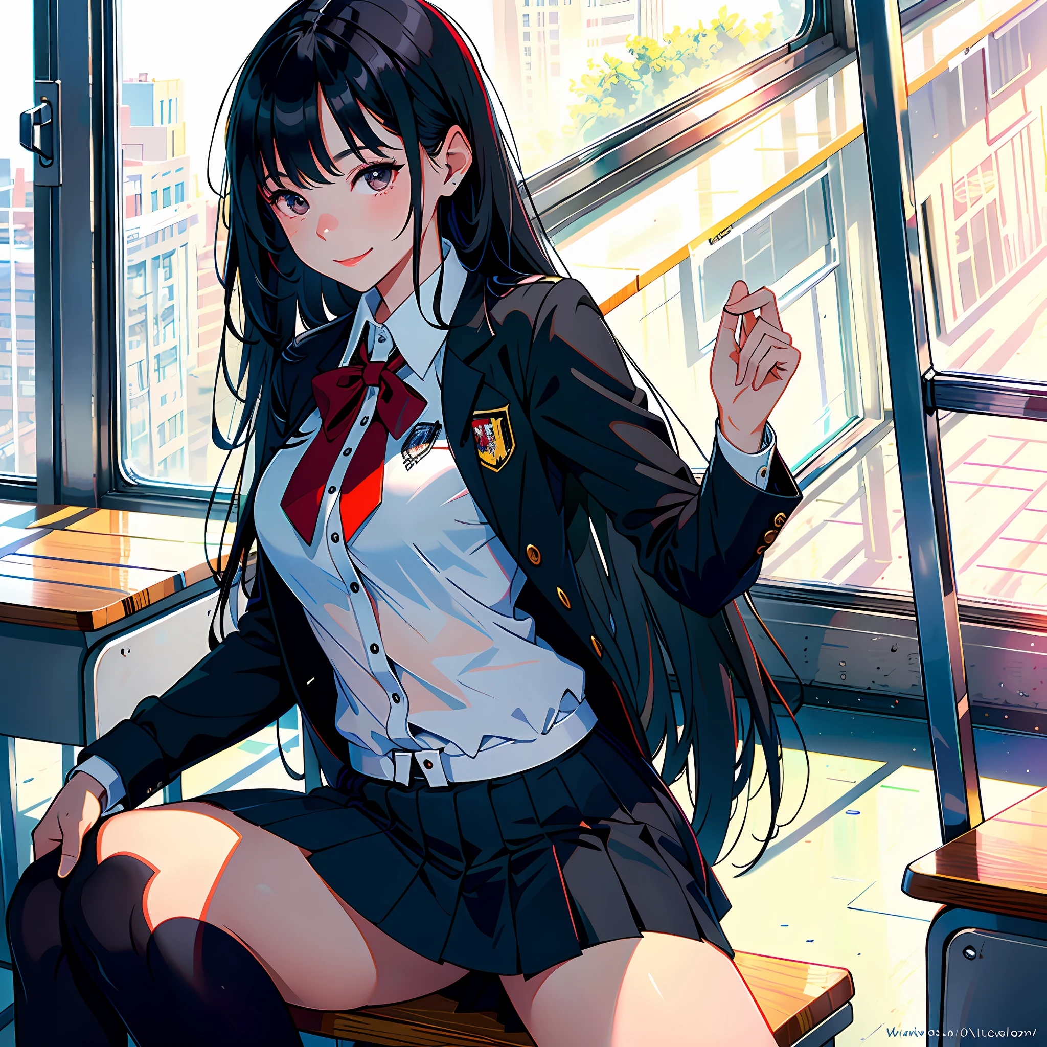 Ultra high resolution, 16k, ((masterpiece)), ((best quality))), ((super detailed)), a girl, long black hair, high school uniform, wide eyes, smile, in the classroom