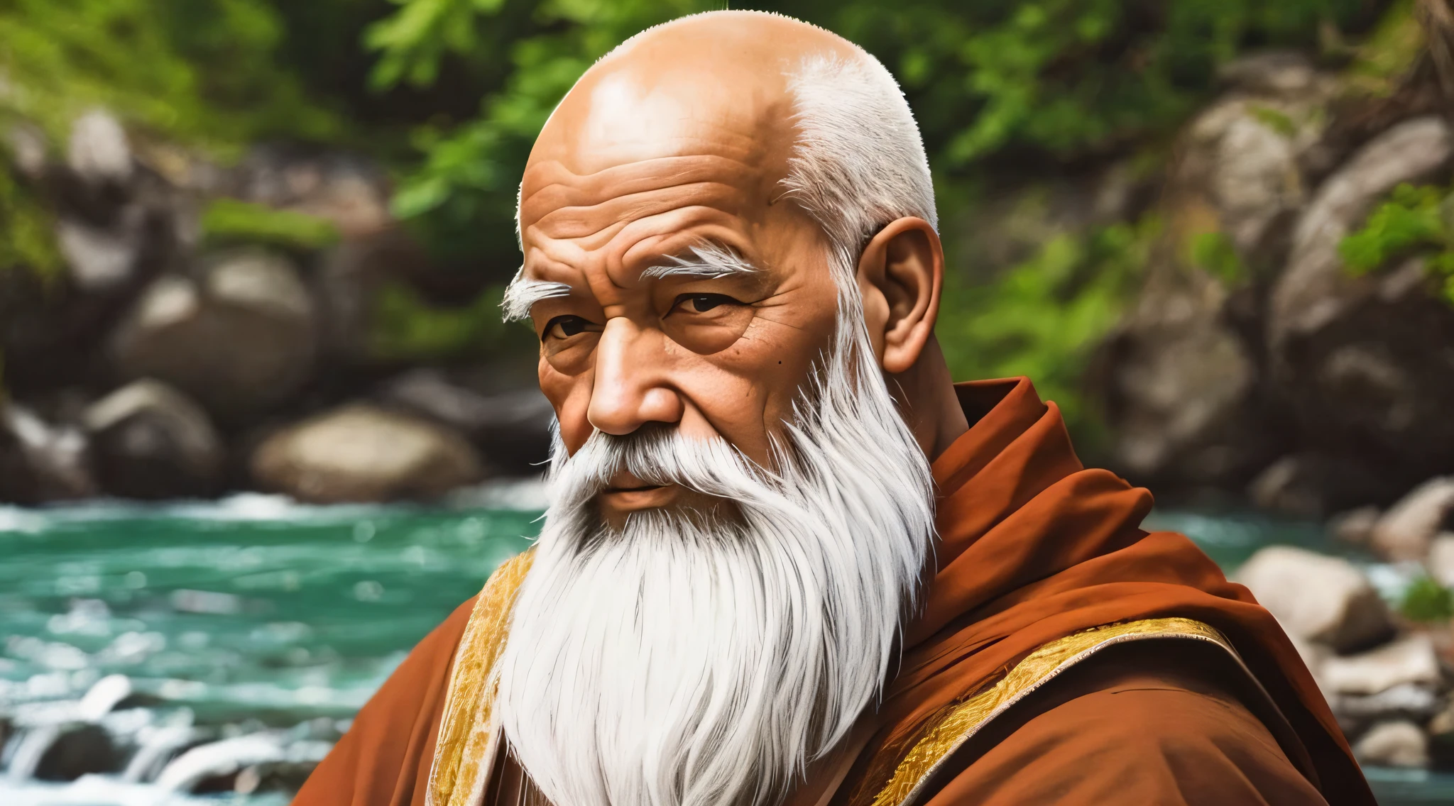 monk bald old man with white beard, near a river --auto --s2