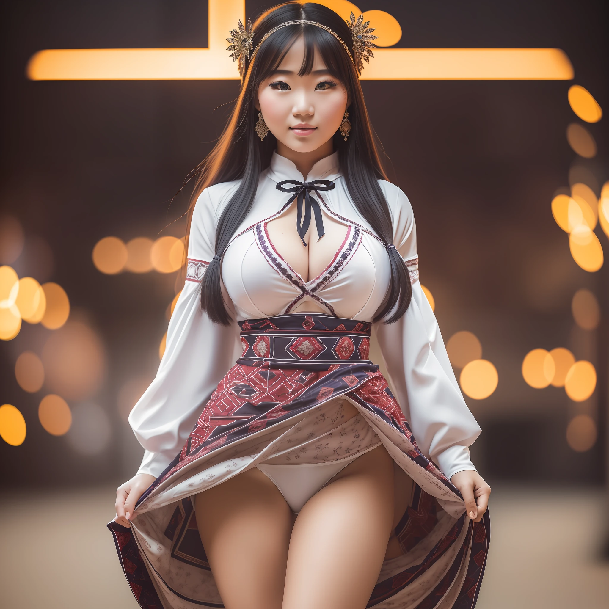 Full-length view (portrait of a 25-year-old yakutian girl lifting skirt and showing off panties),(thick body), (in a yakutian traditional dress, intimate, detailed: 1.3), (panties: 1.3), (very detailed face: 1.4), (white background: 1.2), (8k, uhd, DSLR, high quality, cinematic lighting, bokeh), (dramatic, award-winning photography, incredible masterpiece: 1.3)