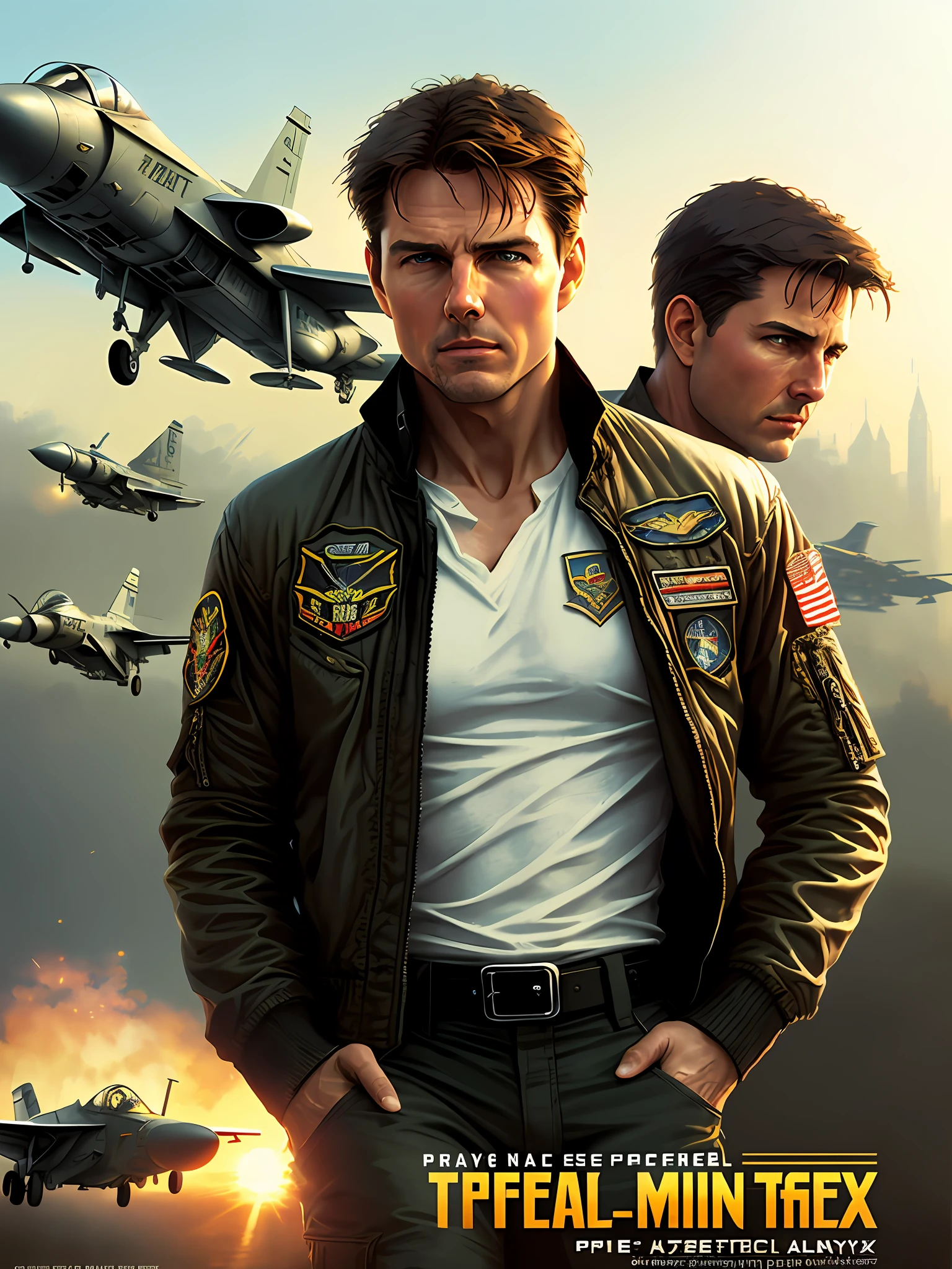 Tom Cruise of Top Gun, vhs effect, (poster: 1.2), poster on the wall, nostalgia, movie poster, (skin texture), intricately detailed, fine details, hyperdetailed, ray tracing, subsurface scattering, diffuse soft lighting, F-14 Tomcat airplanes detailed in the background, shallow depth of field, by (Oliver Wetter) majestic professional oil painting by Ed Blinkey, Atey Ghailan,  Studio Ghibli, by Jeremy Mann, Greg Manchess, Antonio Moro, trend at ArtStation, trend at CGSociety, Intricate, High Detail, Sharp focus, dramatic painting and photorealistic art of (greg rutkowski:1.4), bokeh