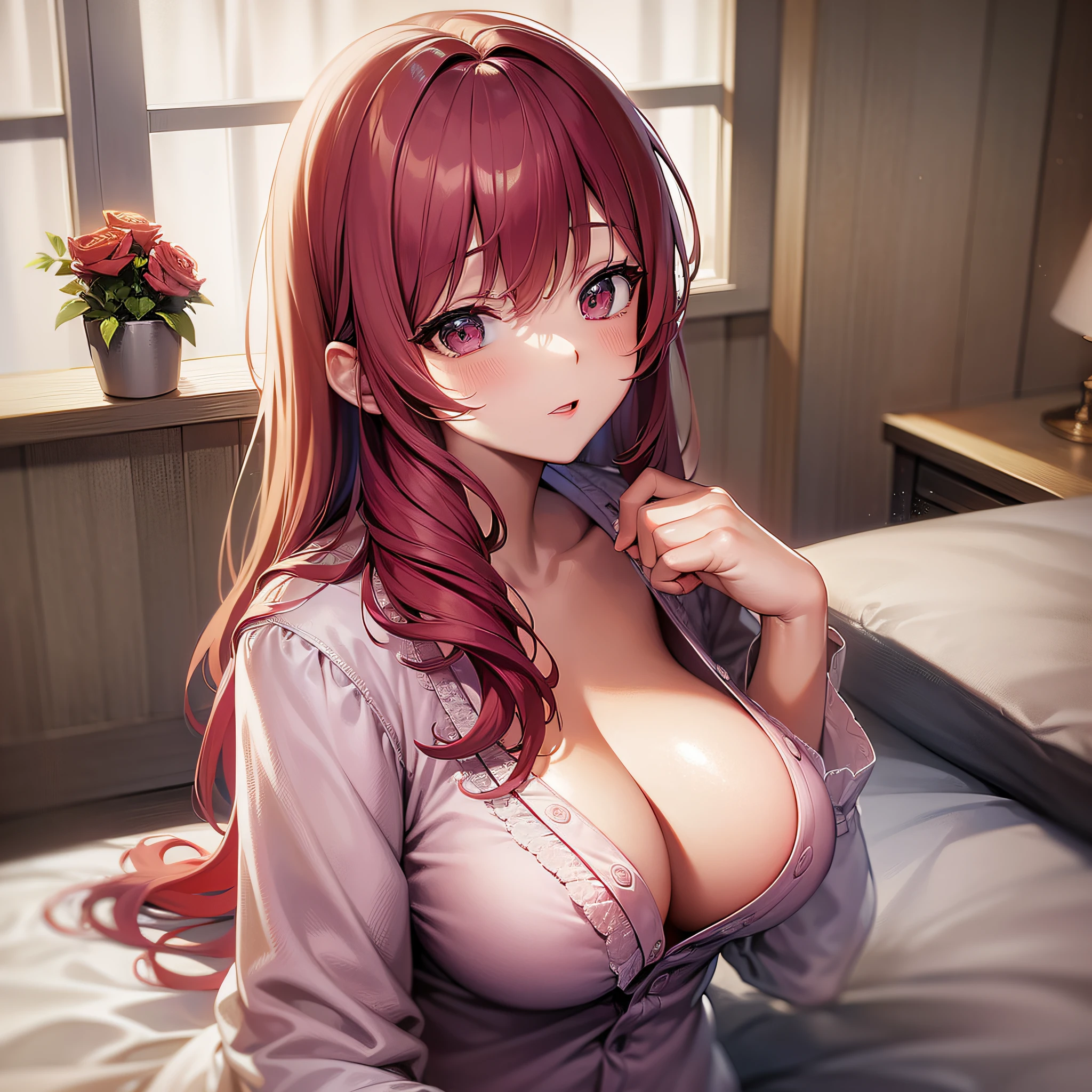 masterpiece, best quality, high resolution,dawn, bedroom, unbottoned pajamas, cleavage, crimson hair, 1 girl, waking up, large soft breast